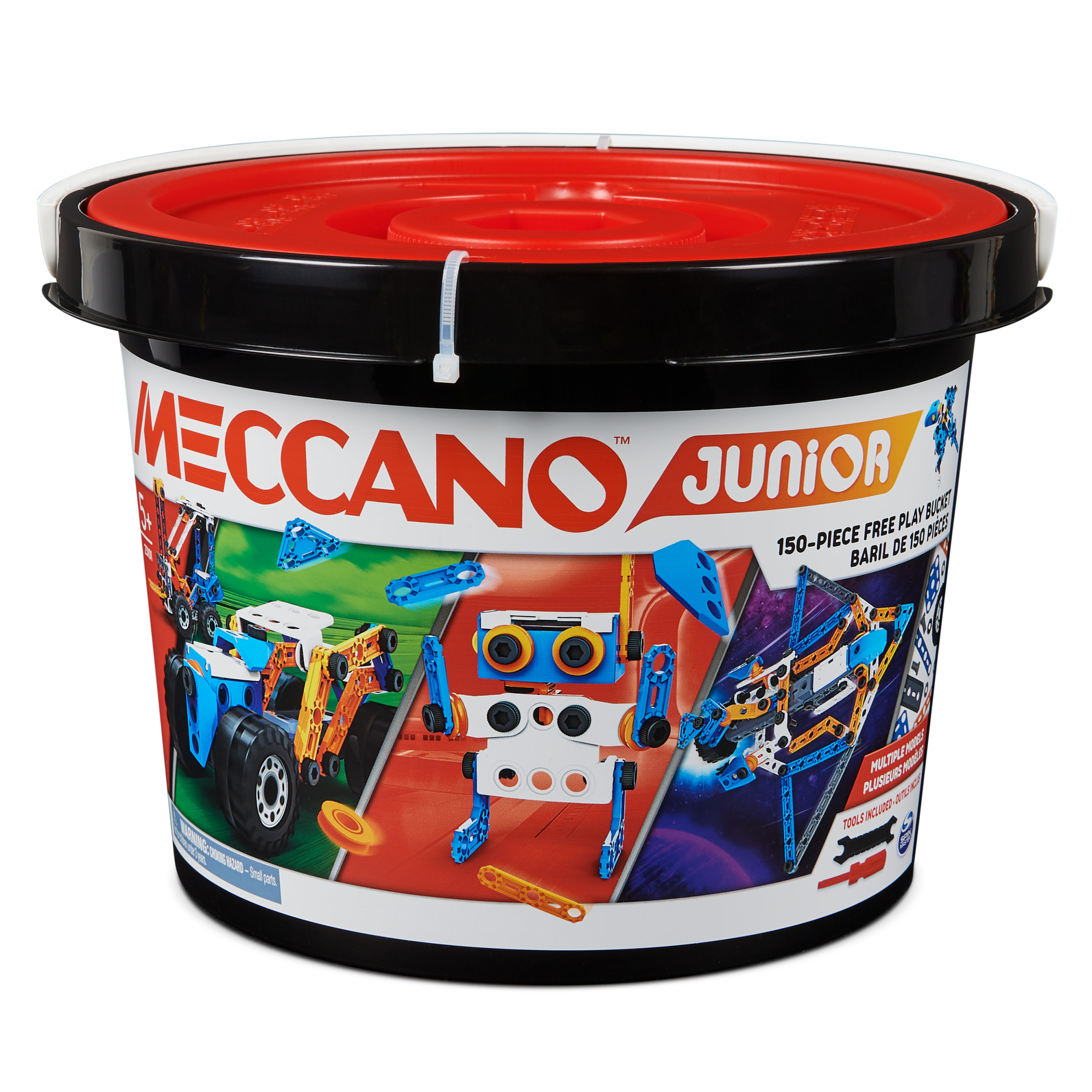 Un set secchio Meccano Junior, nero e bianco con coperchio rosso, mostra modelli di robot e veicoli sull'etichetta.