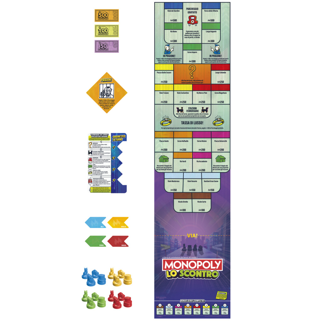 Monopoly-Brettspiel. Enthält Spielbrett, Spielgeld, Spielfiguren und Ereigniskarten. Der Titel lautet 'Monopoly Lo Scontro'.