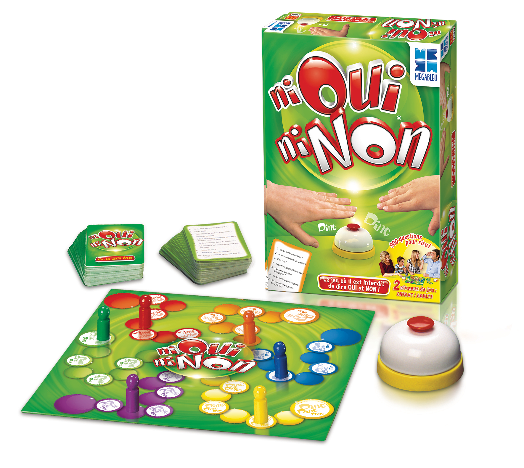 Een bordspel genaamd "Mi Qui Mi Non" met pionnen, kaarten en een bel. De doos heeft handen en een rode en witte knop.