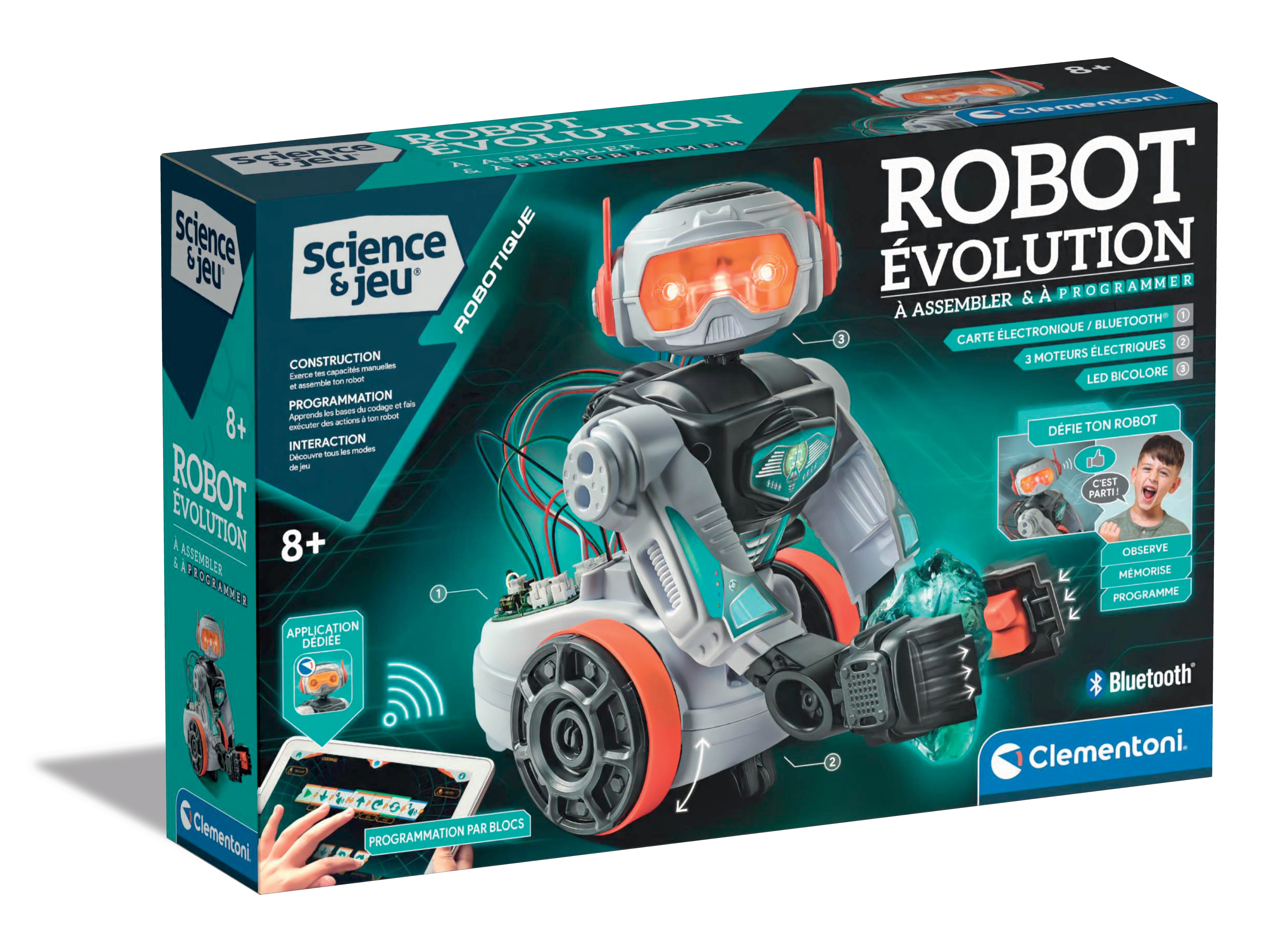 Die Box zeigt ein Roboterspielzeug mit Kind, Tablet und Text. Der Roboter hat orange, weiße und schwarze Farben.