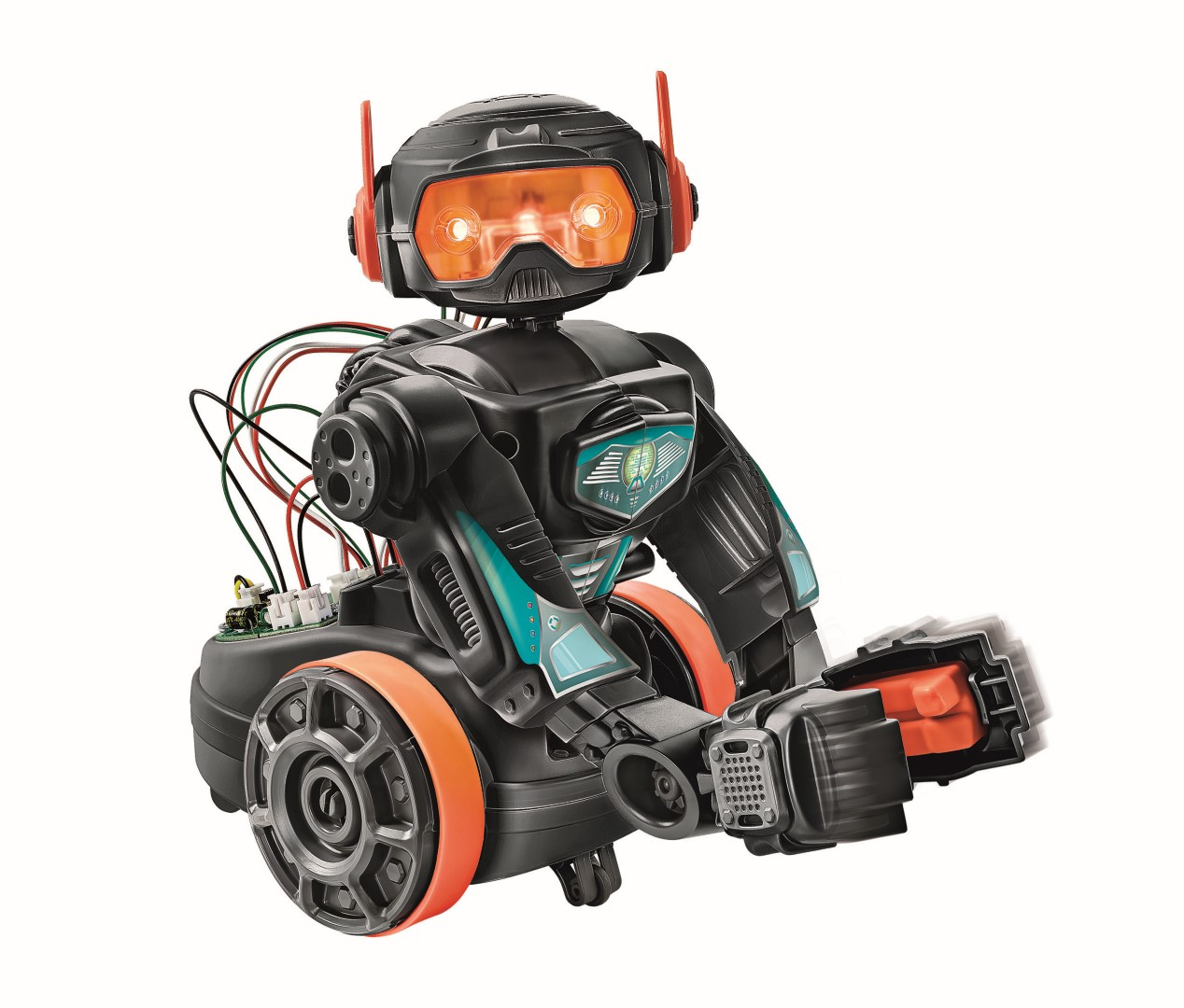 Schwarzes Roboter-Spielzeug mit orangefarbenen Akzenten. Es hat leuchtend orange Augen, Antennen und freiliegende Drähte. Der Roboter steht vor weißem Hintergrund.