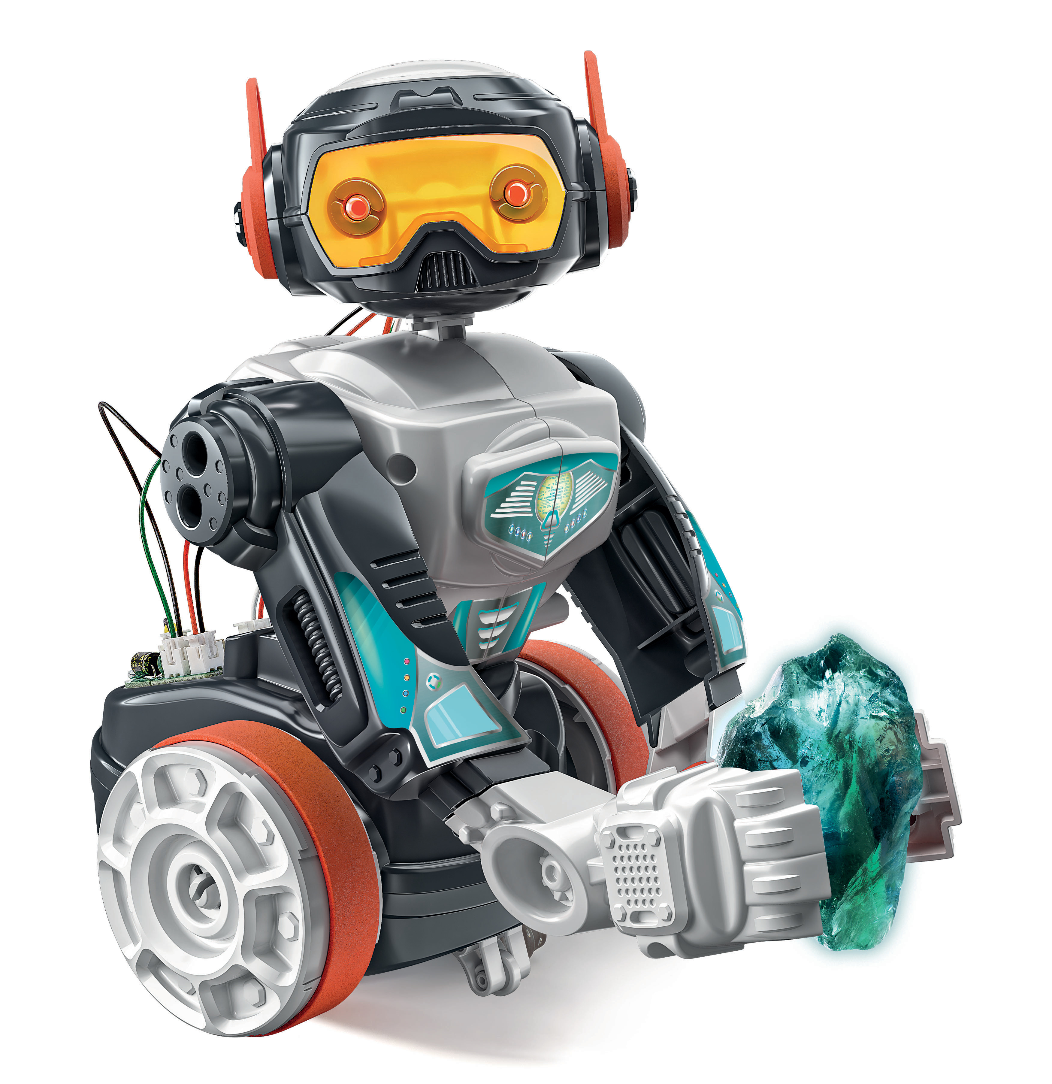 Ein Roboter mit orangefarbenen Akzenten hält einen leuchtenden, durchscheinenden grünen Kristall. Er hat orangefarbene Augen und Antennen.