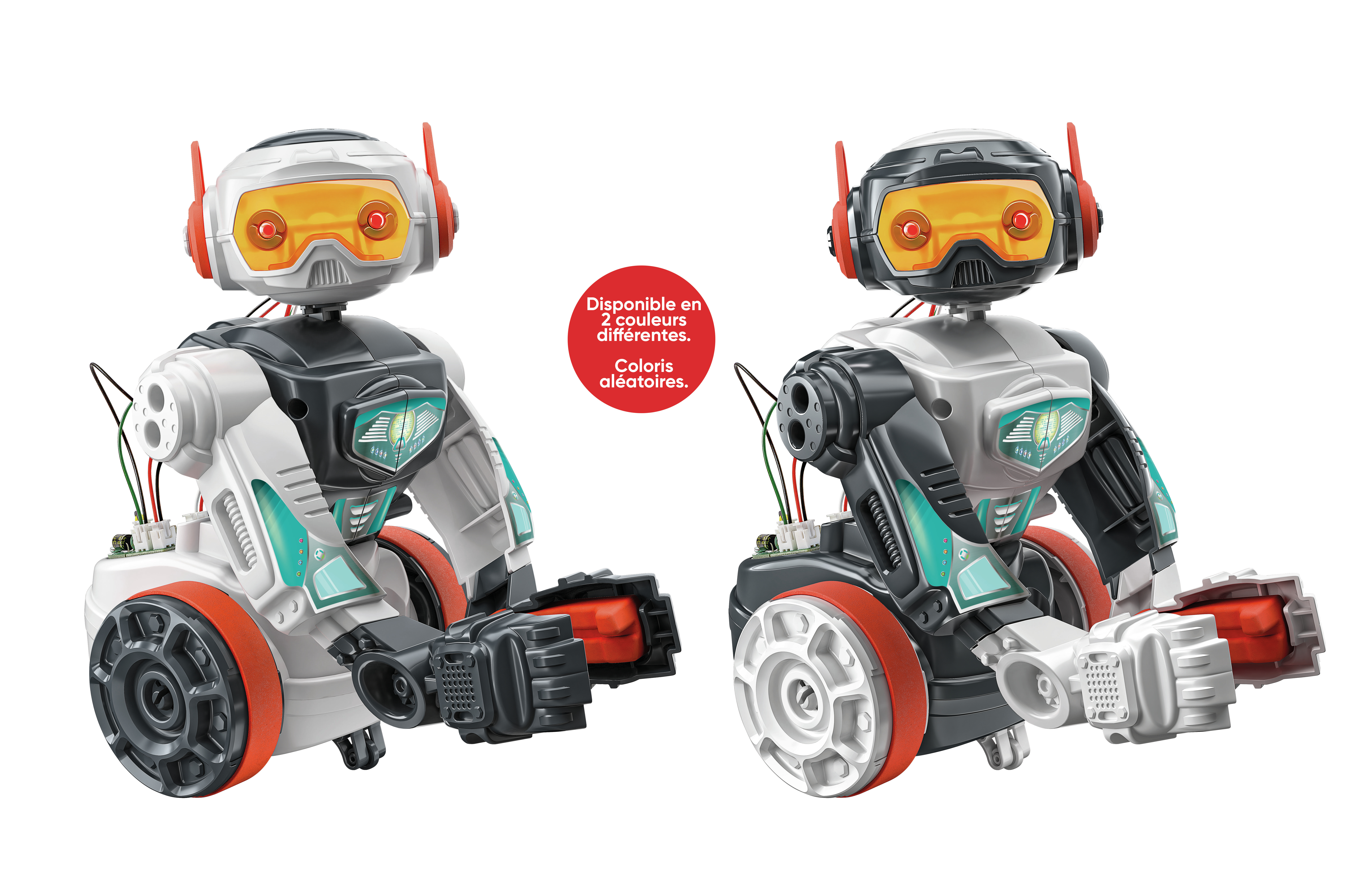 Zwei Roboter-Spielzeuge, weiß, schwarz und orange. Jeder hat einen Kopf mit orangefarbenem Visier, Antenne und armartigen Strukturen.