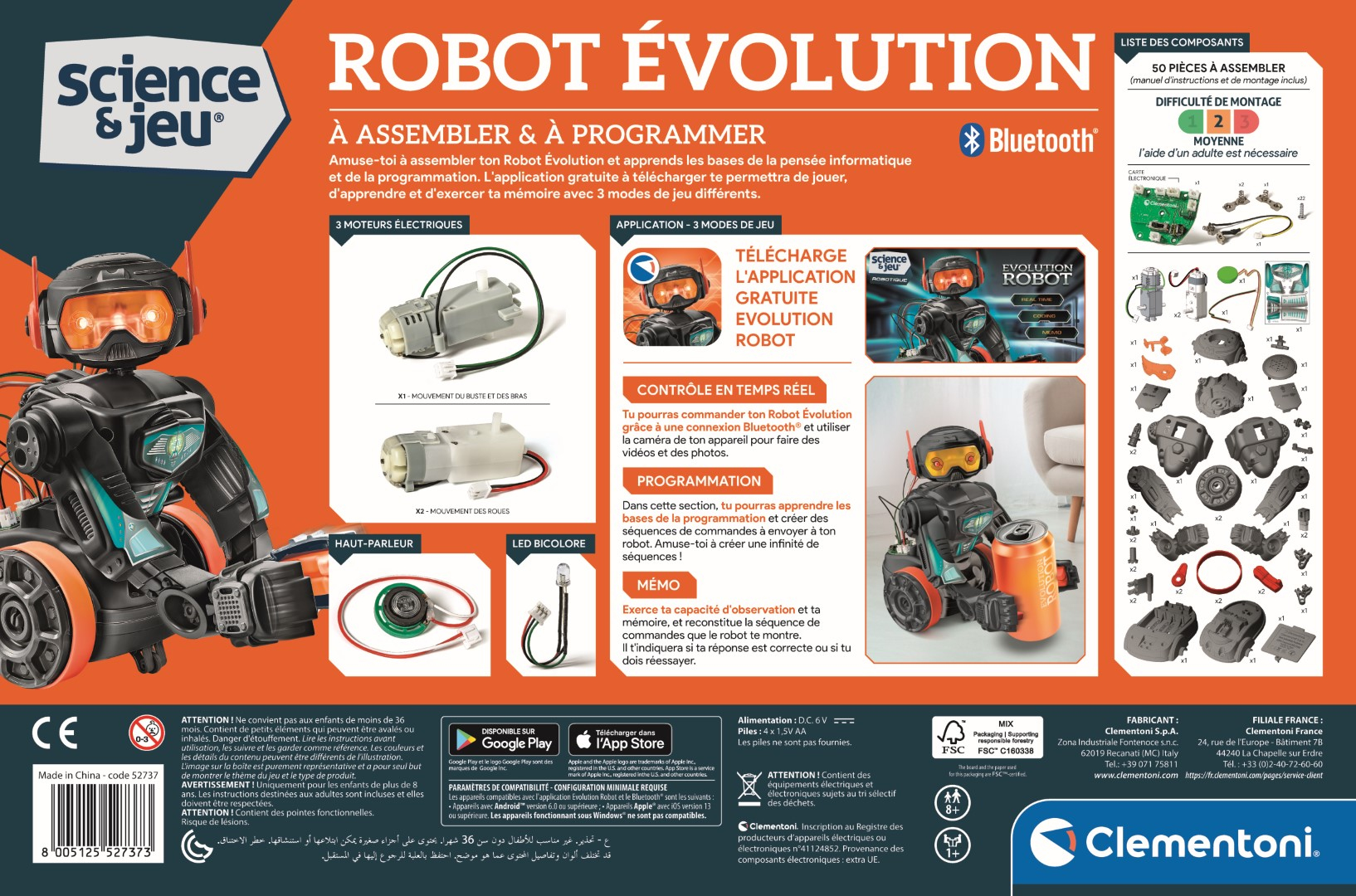 Schachtelkunst für ein Roboterspielzeug mit Text auf Französisch und Englisch. Roboter-Spielzeugbild mit orange und schwarz.