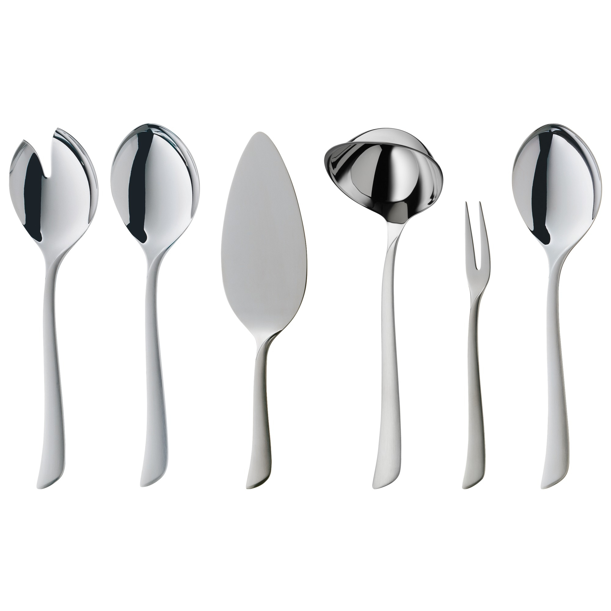 Set aus Edelstahlbesteck vor weißem Hintergrund. Enthält Salatbesteck, Löffel, Tortenheber, Schöpflöffel und Gabel.
