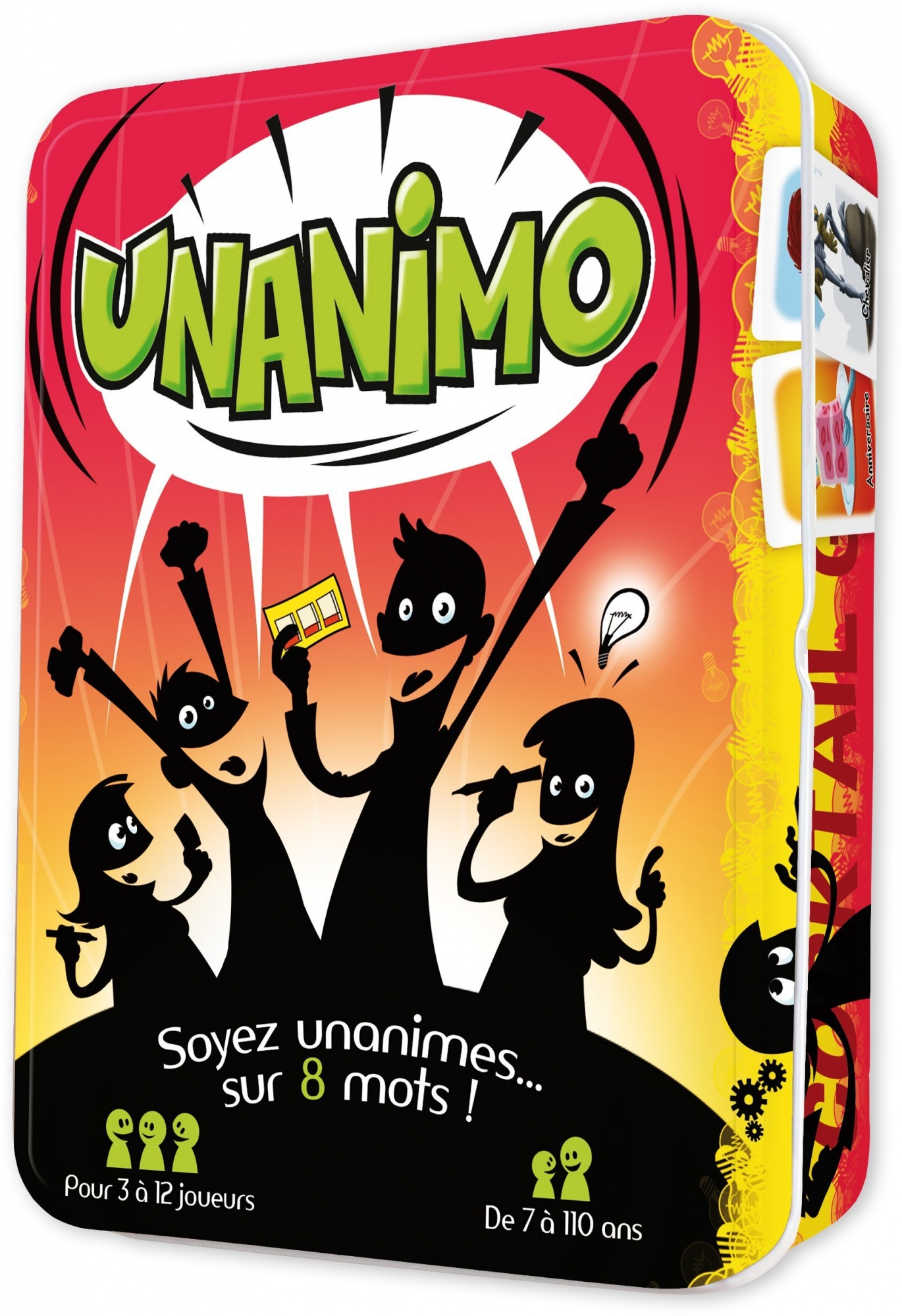 La scatola del gioco Unanimo presenta figure a silhouette e testo verde. Il lato mostra carte con immagini, tra cui un cavaliere.