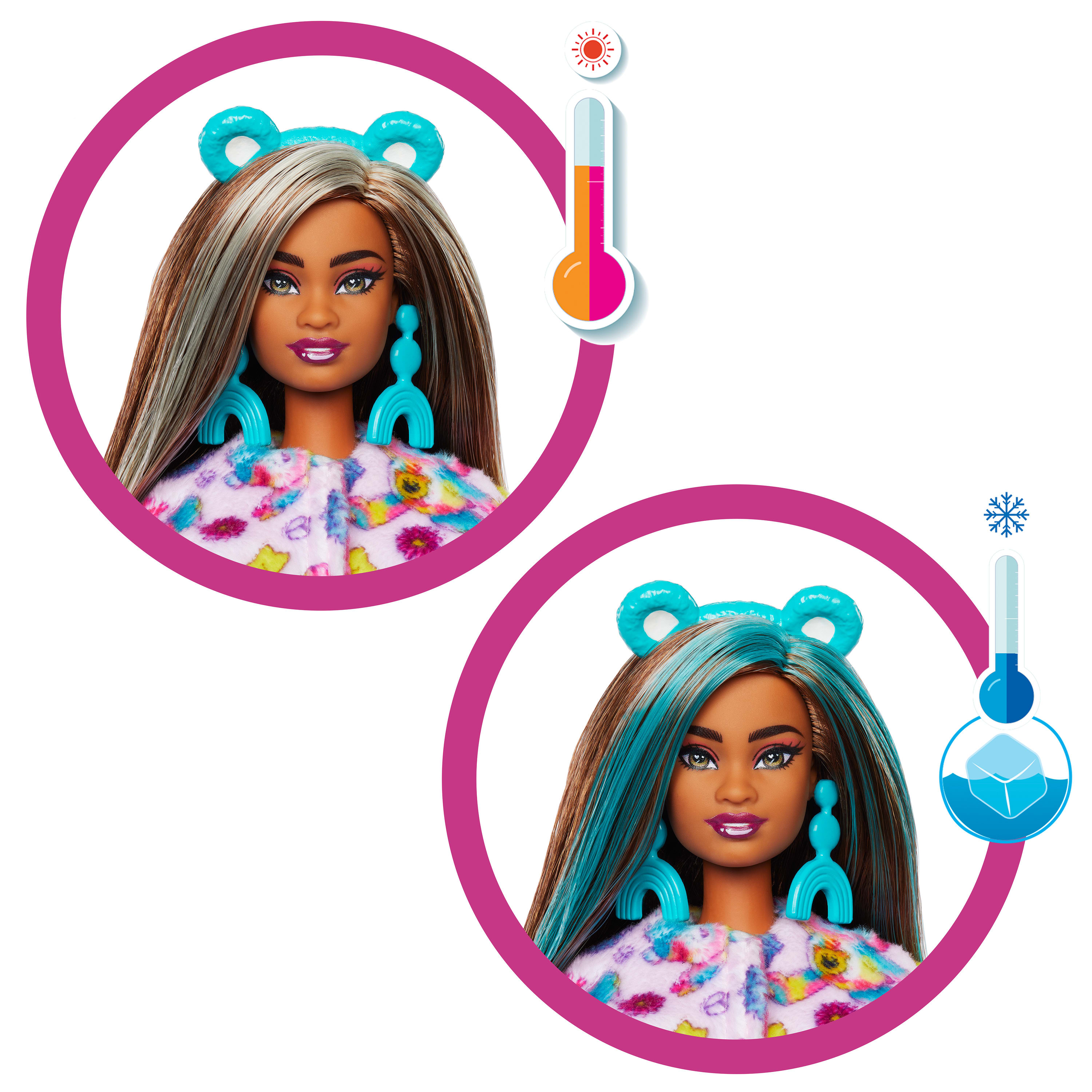 Barbie-Puppe mit braunen und blauen Haaren, blauen Ohrringen und einer Blumenjacke. Thermometer zeigen heiß und kalt an.