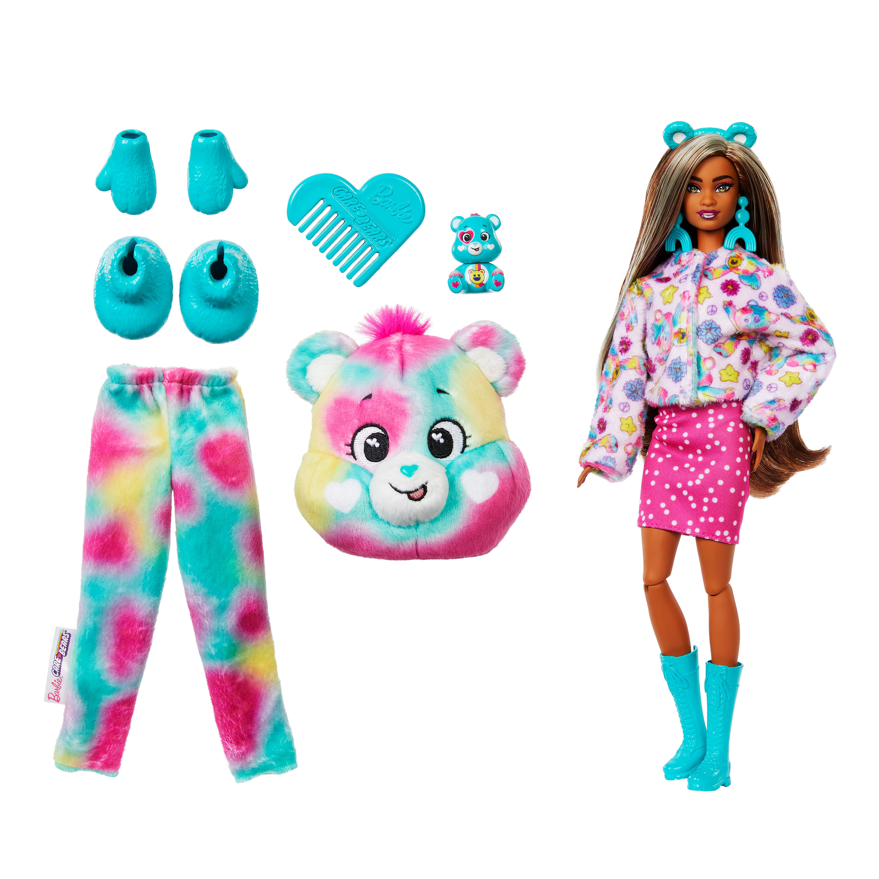 Eine Barbie-Puppe mit Zubehör. Die Puppe hat lange, braune Haare und trägt einen rosa Rock und eine weiße Jacke.