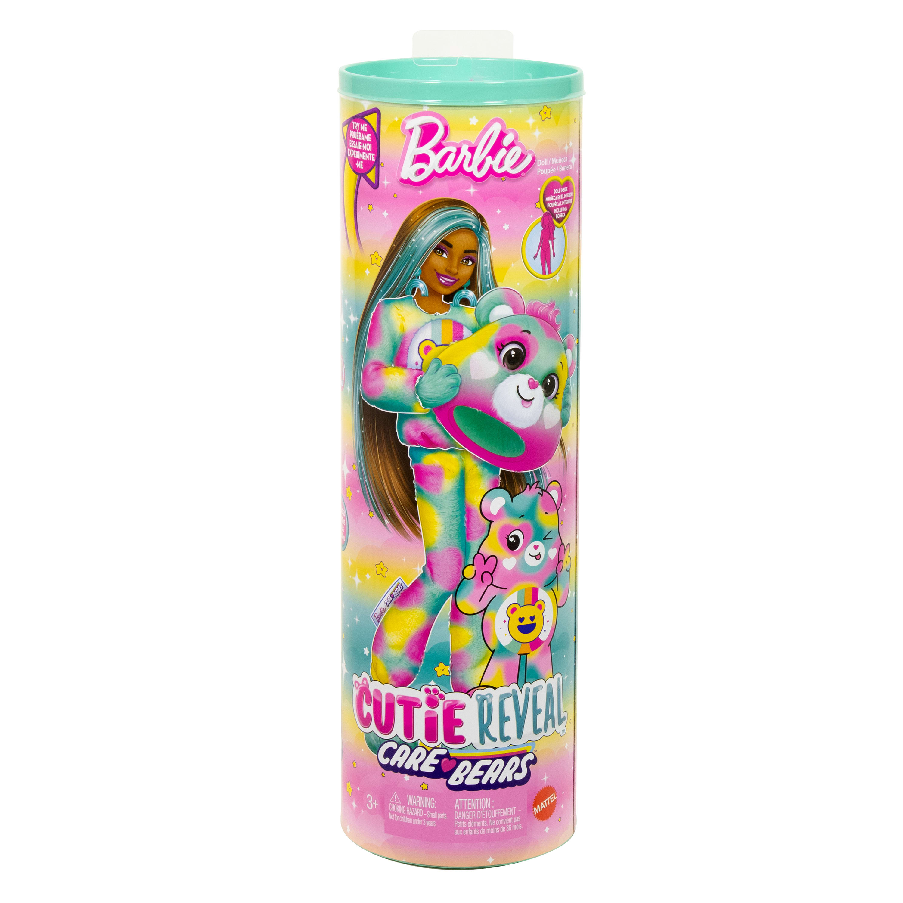 Barbie Cutie Reveal Care Bears Puppenröhre. Sie zeigt eine Puppe, die einen Bären hält, mit Sternen und Care Bears Logos.