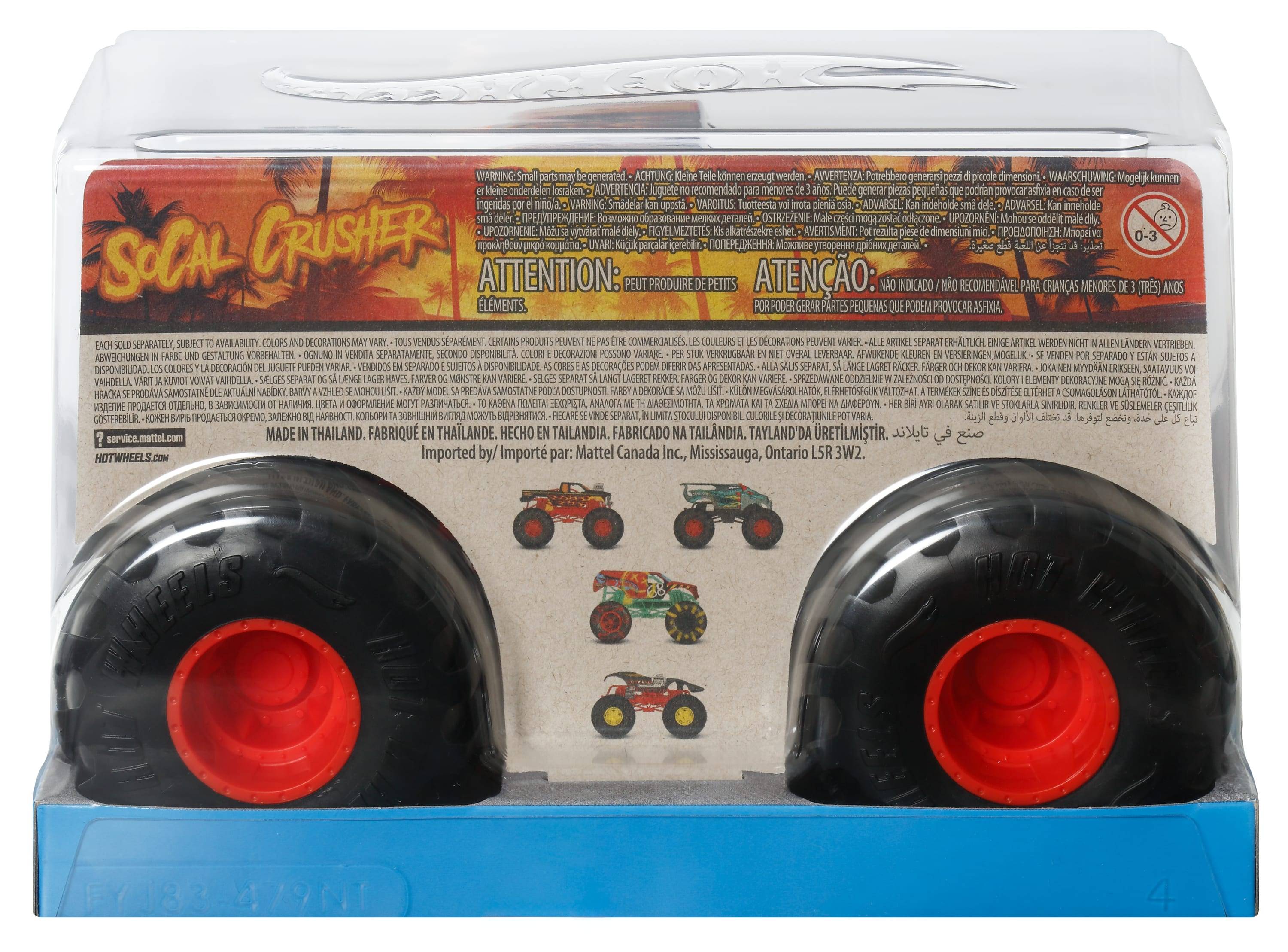 Spielzeugauto-Verpackung mit Monster Truck, schwarze Reifen, rote Felgen, blaue Basis.