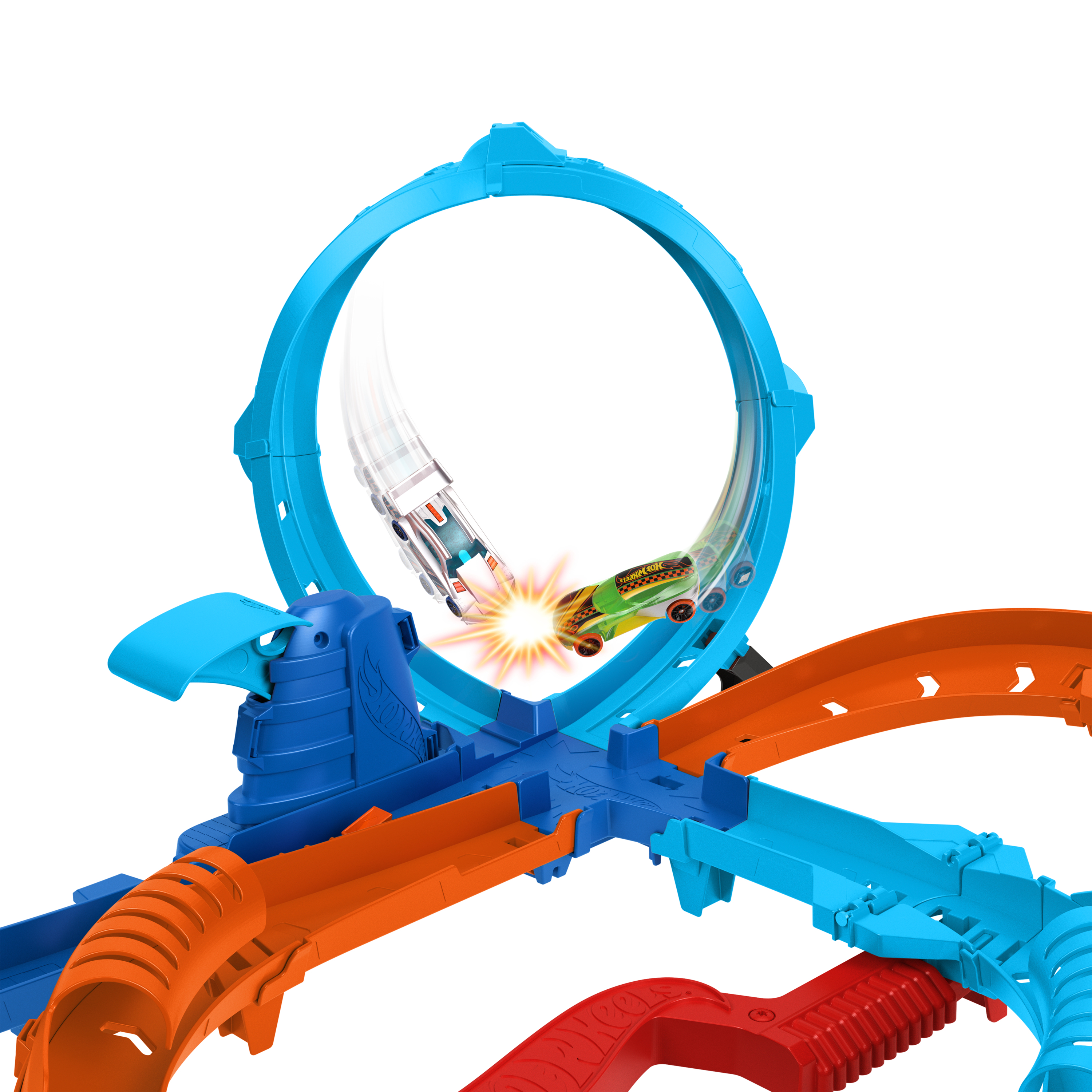 Eine Hot-Wheels-Bahn mit Autos, die durch eine Schleife fahren. Die Strecke ist blau, orange und rot. Zwei Autos kollidieren.