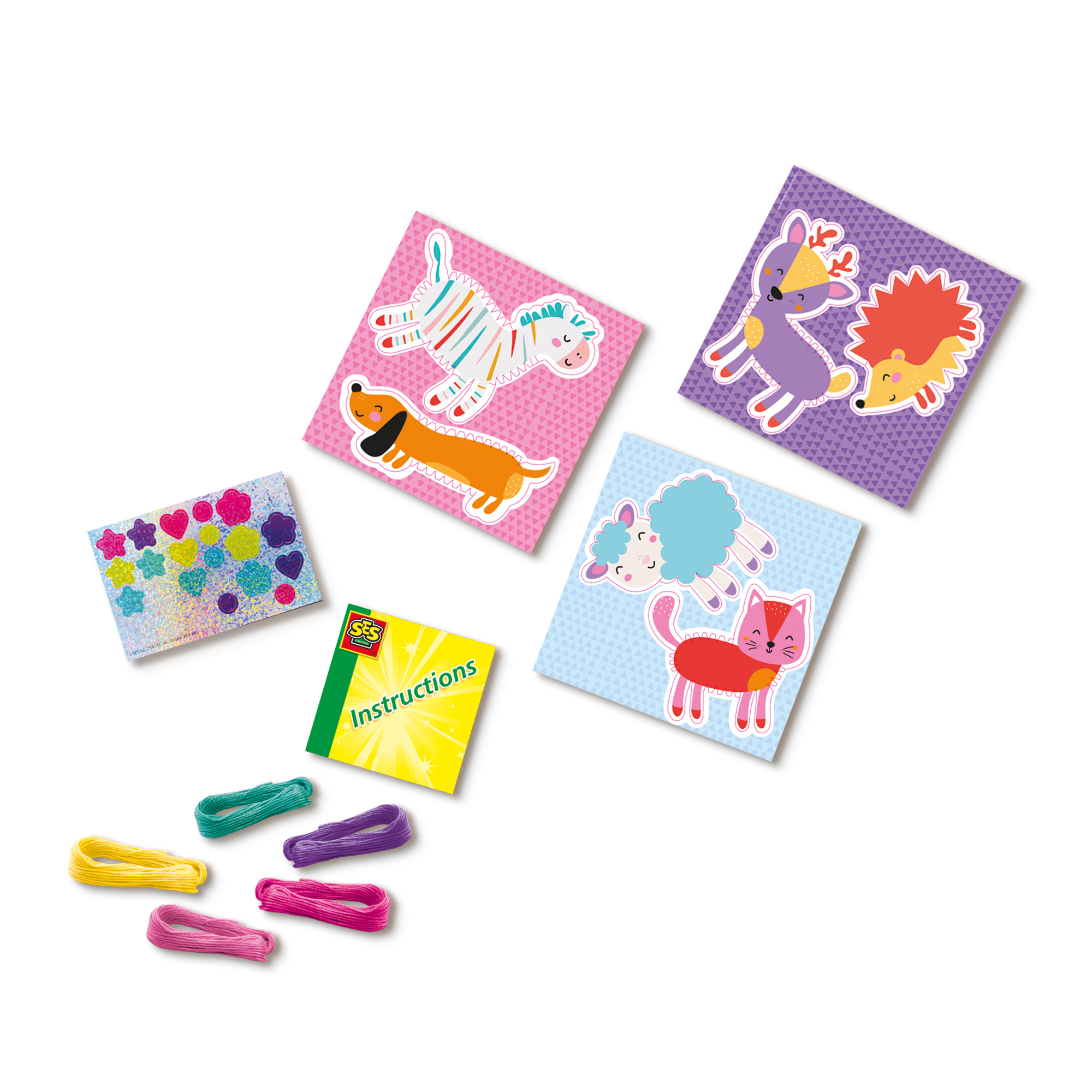 Zestaw rzemieślniczy z wzorami zwierząt: zebra, pies, jeleń, jeż, owca i kot. Zawiera nić i instrukcje.