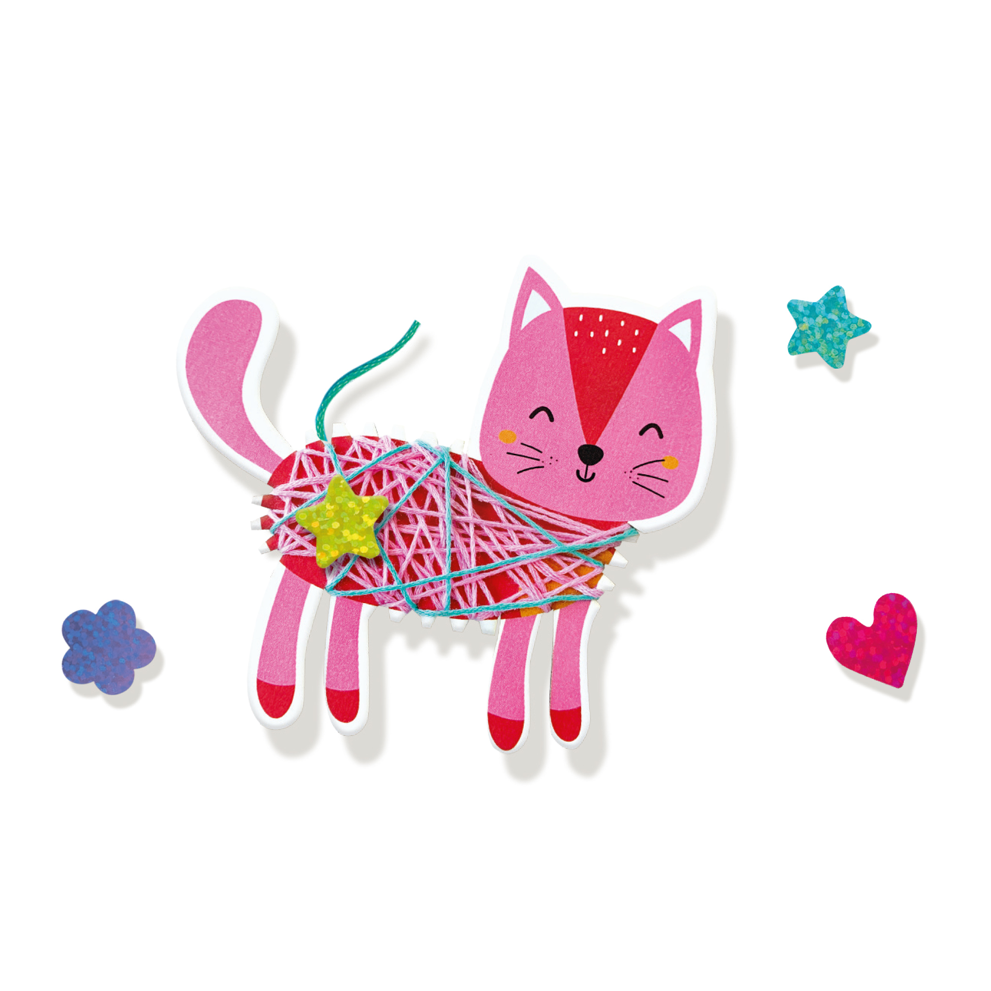 Różowy kot z owiniętą przędzą, gwiazda, kwiat i serce na białym tle.