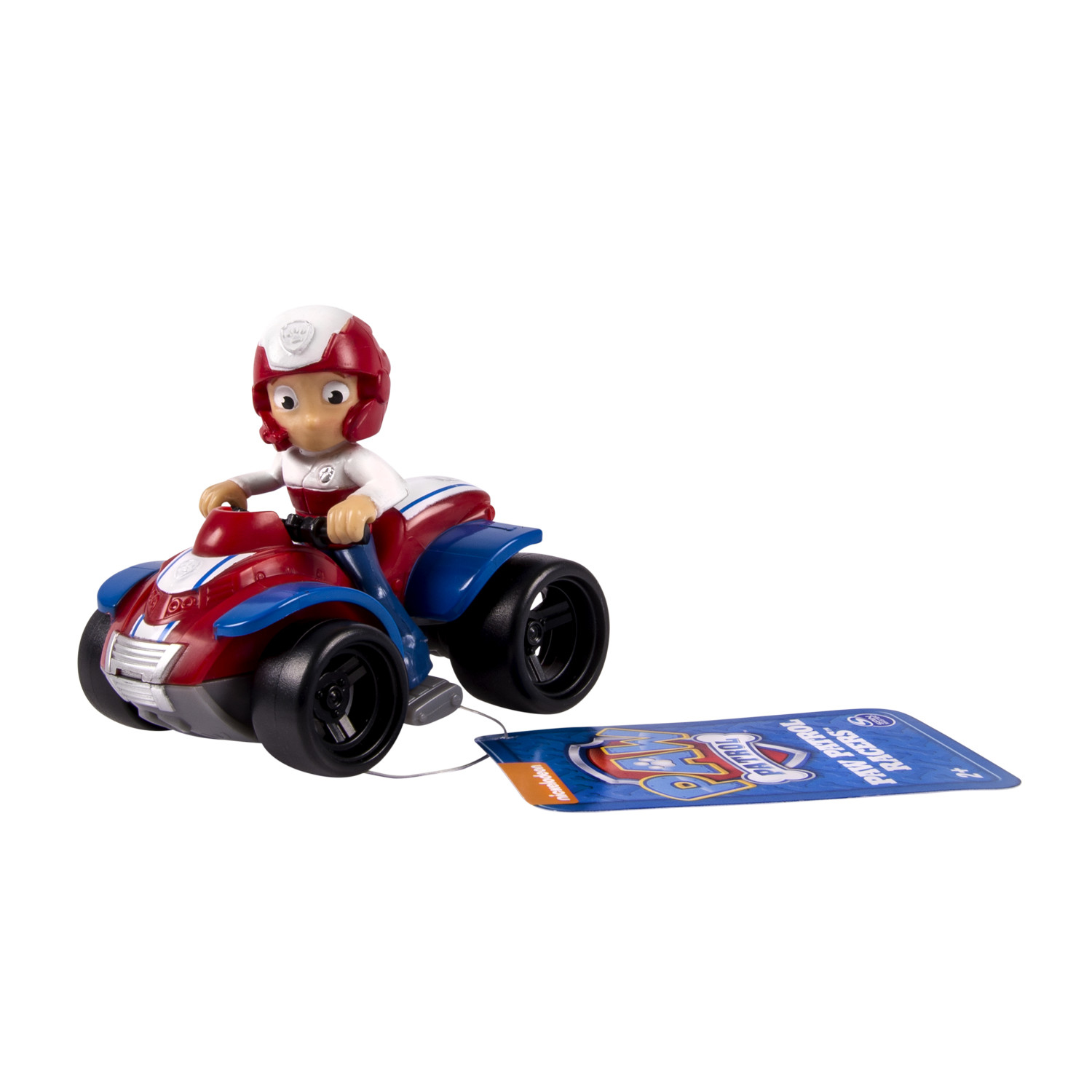 Un juguete de la Patrulla Canina presenta una figura en un ATV rojo y azul. Una etiqueta con el logotipo de la Patrulla Canina está al lado. Fondo blanco.