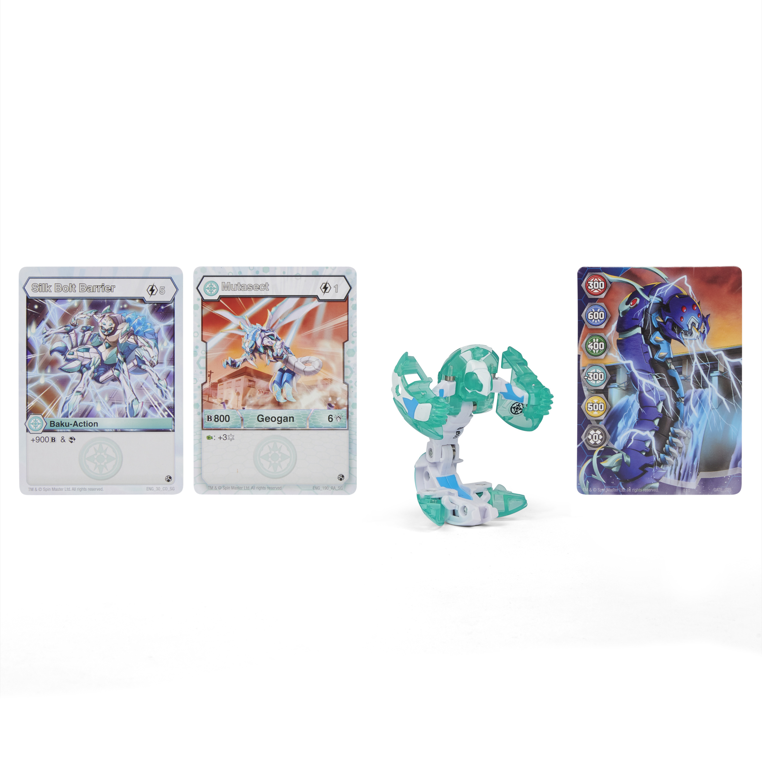 Zdjęcie przedstawia karty do zabawy i zabawkę Bakugan. Karty mają postacie ze statystykami. Bakugan jest zielony i biały.