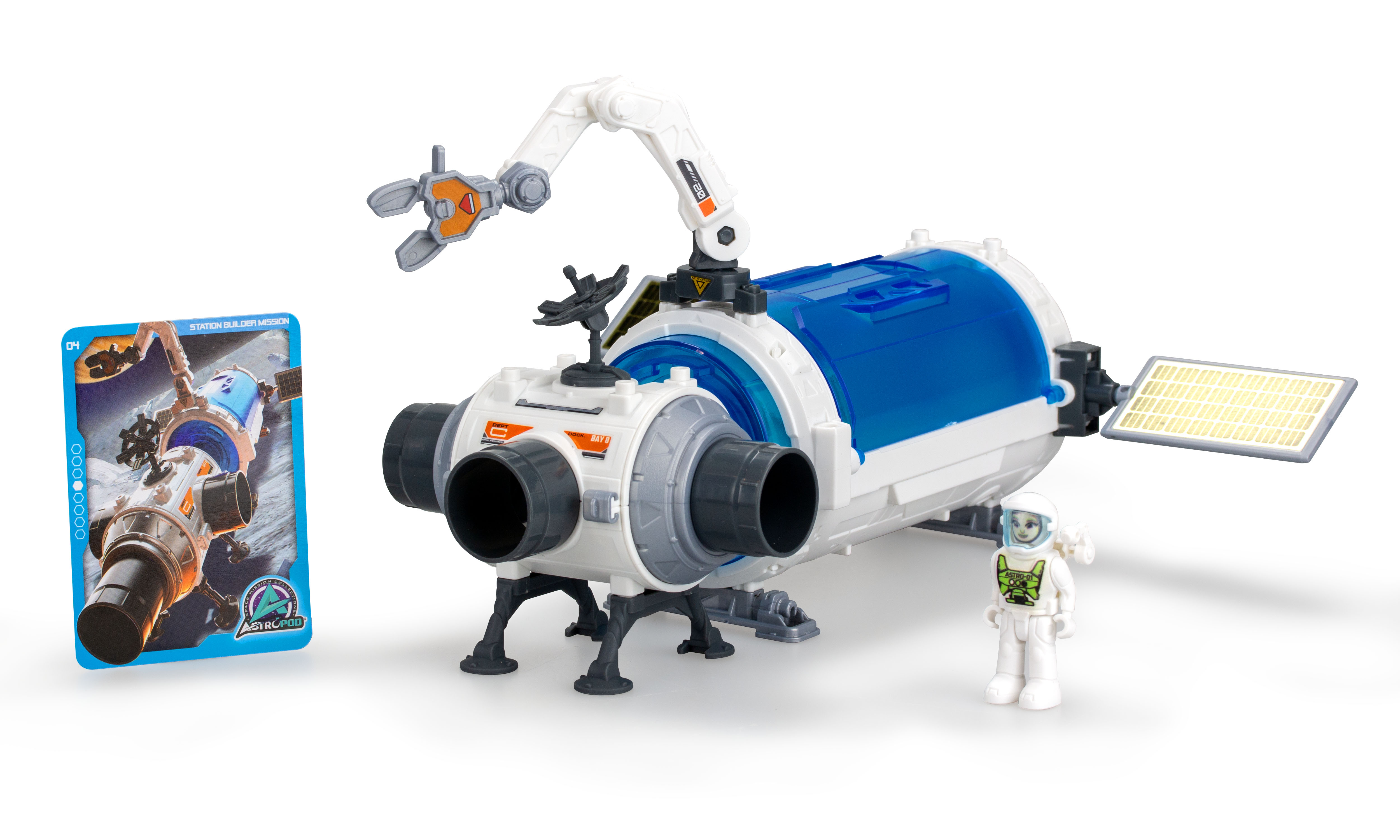 Ein Spielzeug-Raumstation mit Roboterarm, Astronautenfigur und Karte. Es hat ein weißes und blaues Farbschema.
