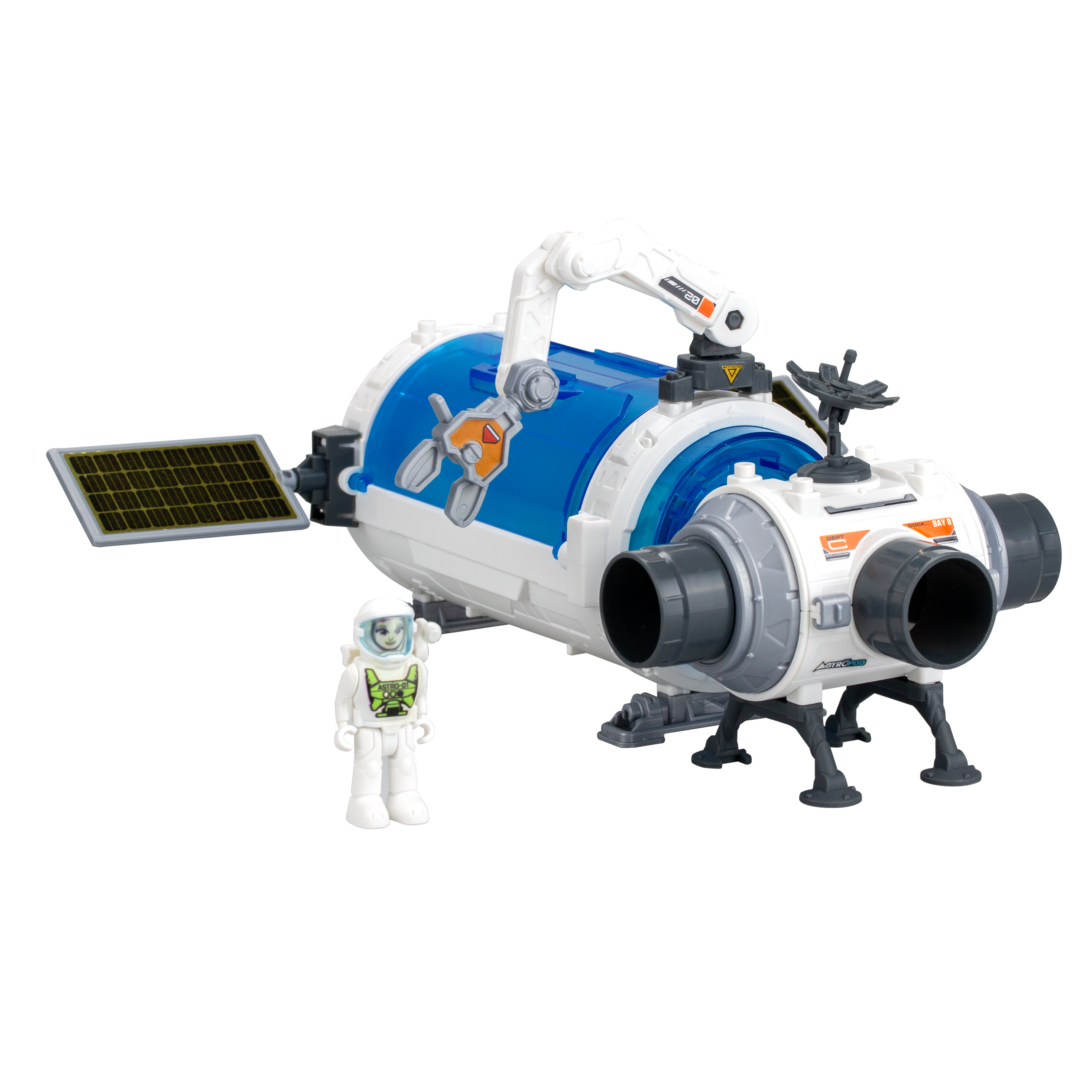 Eine Spielzeugraumstation mit Solarpanel, Astronautenfigur und Roboterarm. Weiß und Blau dominieren.