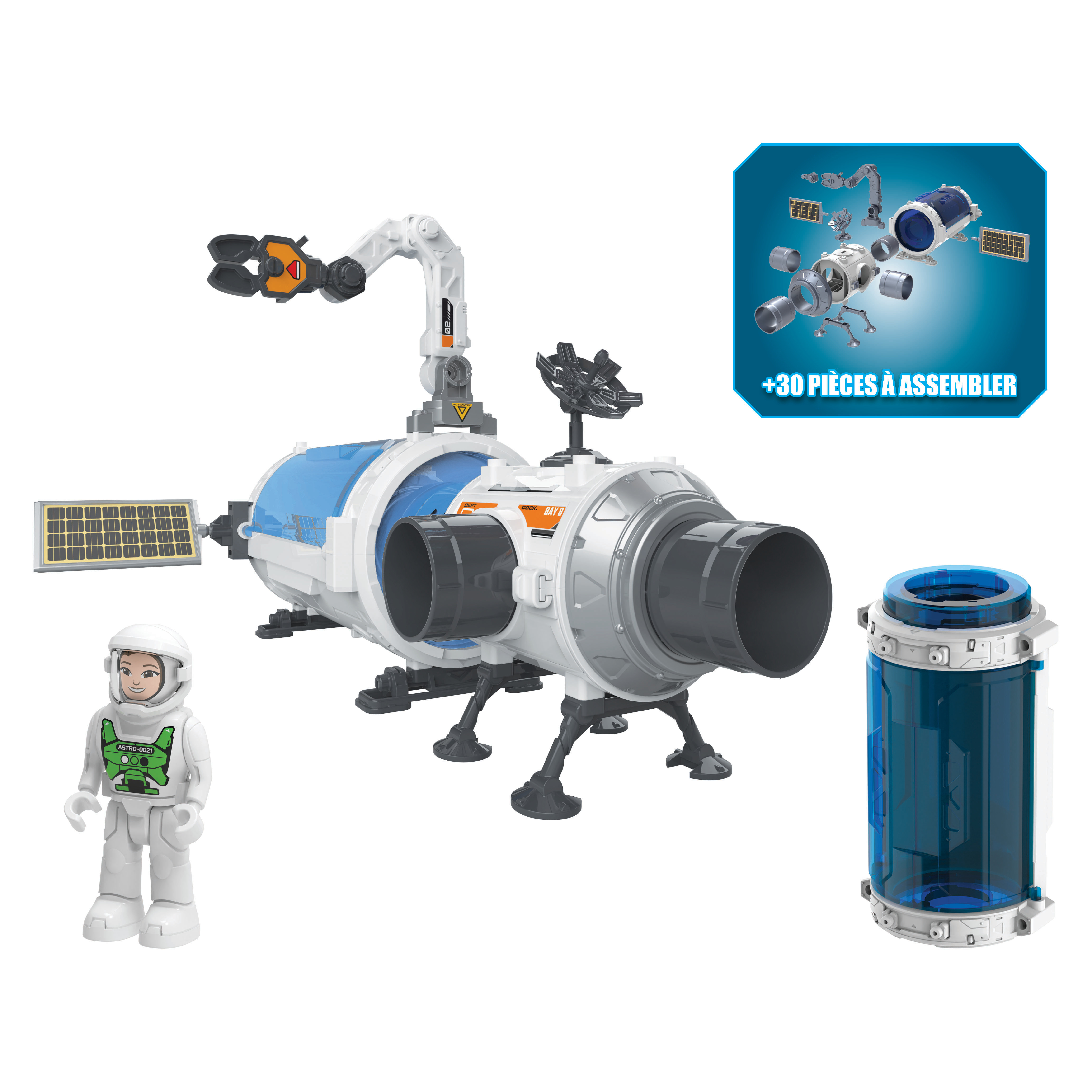Weltraumstationsspielzeug mit Astronautenfigur, Solarpanel und Montageteilen. Verfügt über einen Roboterarm und blau getönte Abschnitte.