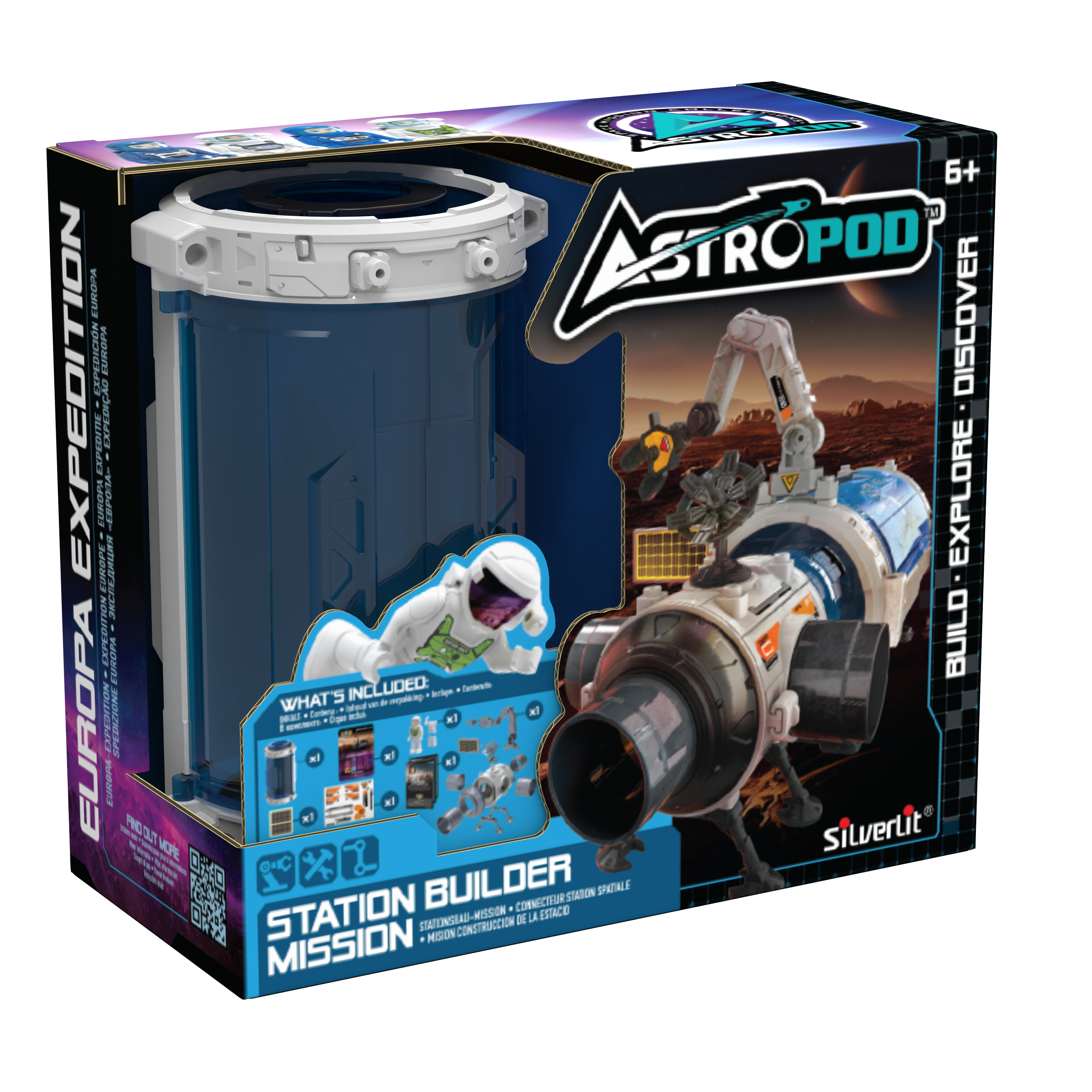 Verpacktes AstroPod Station Builder-Spielzeug. Enthält eine Modellraumstation, eine Astronautenfigur und verschiedene Komponenten.