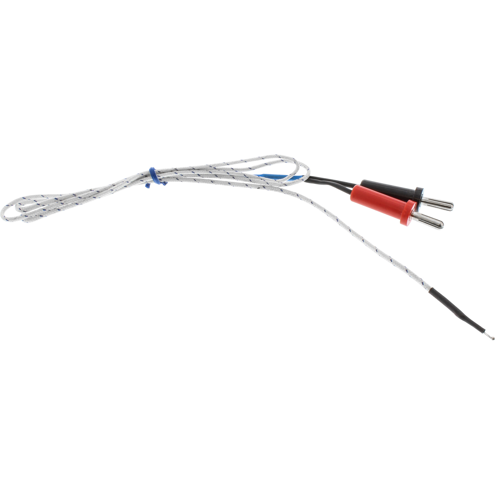 Thermocouple mit weißem, blau gestreiften Draht, schwarzen und roten Steckern und einer silbernen Spitze vor weißem Hintergrund.