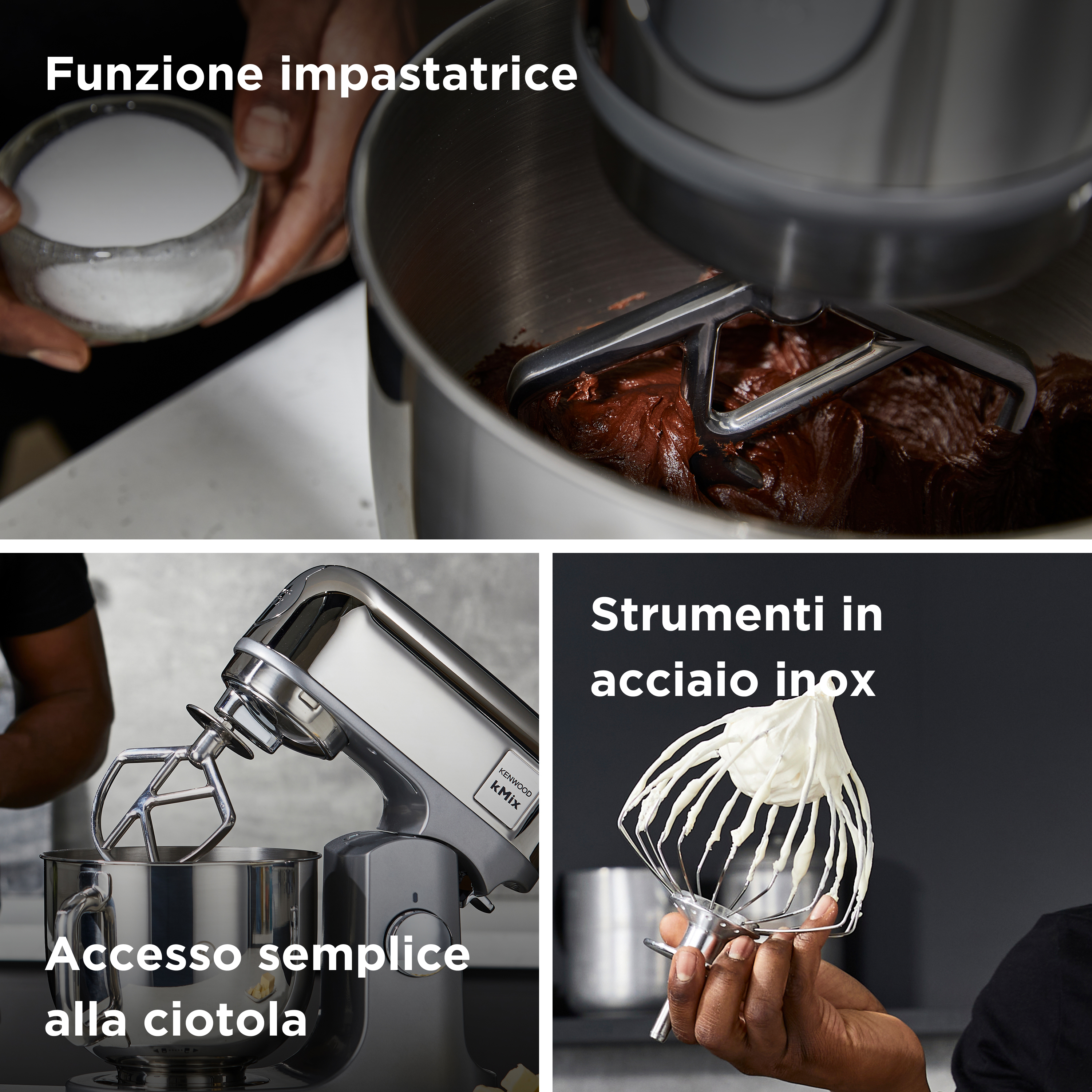 Ein Mixer mit Zutaten und Aufsätzen. Textbezeichnungen: Funzione impastatrice, Strumenti in acciaio inox, Accesso semplice alla ciotola.