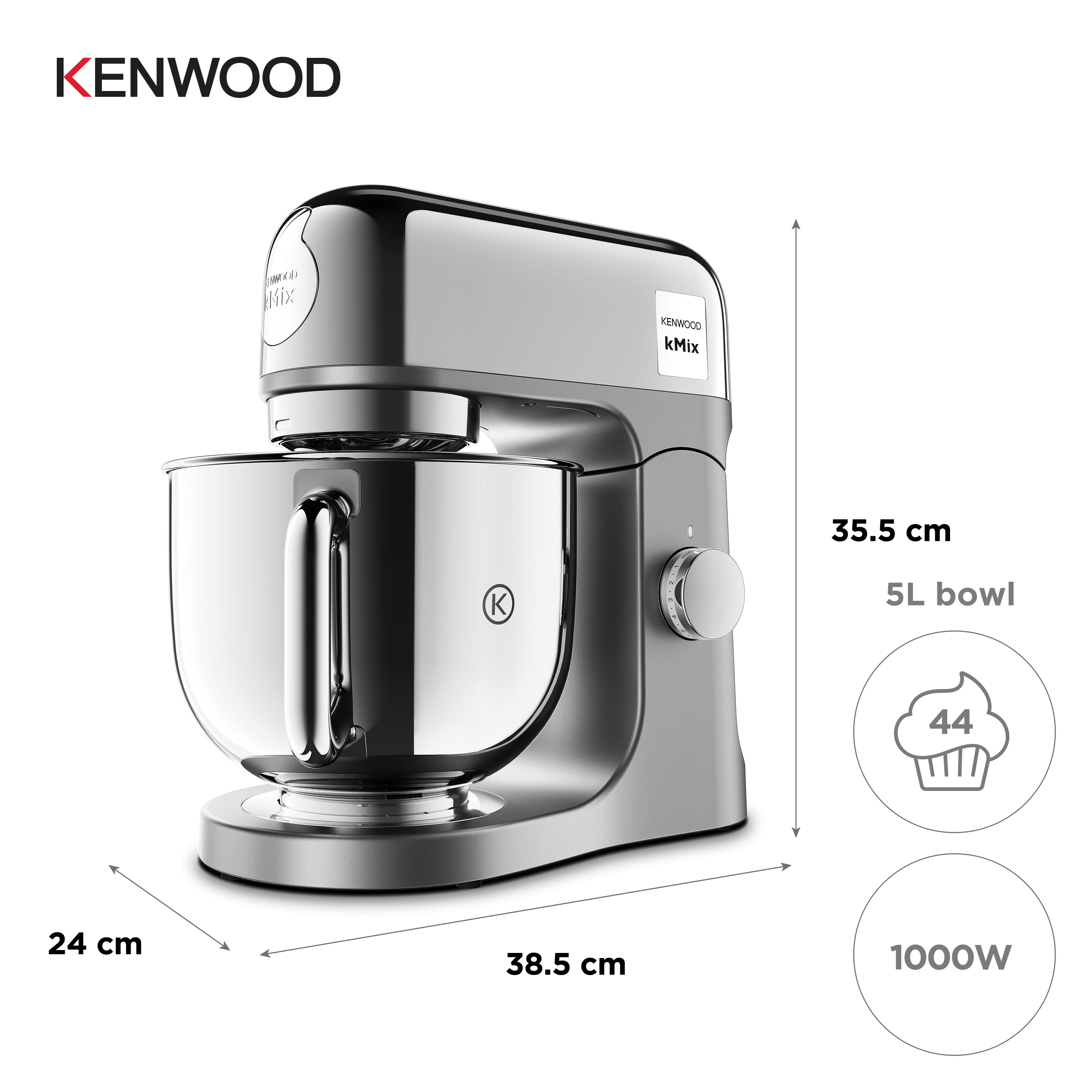 Ein silberner Kenwood kMix Küchenmixer mit Abmessungen und Leistungsangaben.