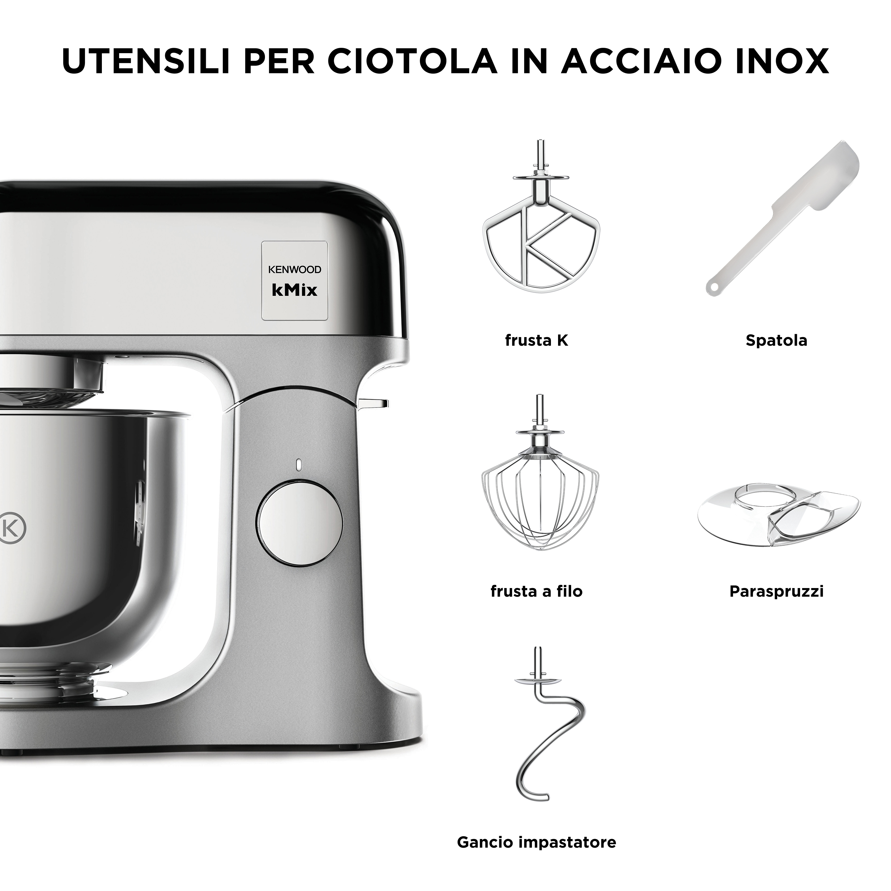 Ein silberner Kenwood kMix Küchenmixer mit Aufsätzen: K-Schläger, Spatel, Schneebesen, Spritzschutz und Knethaken.