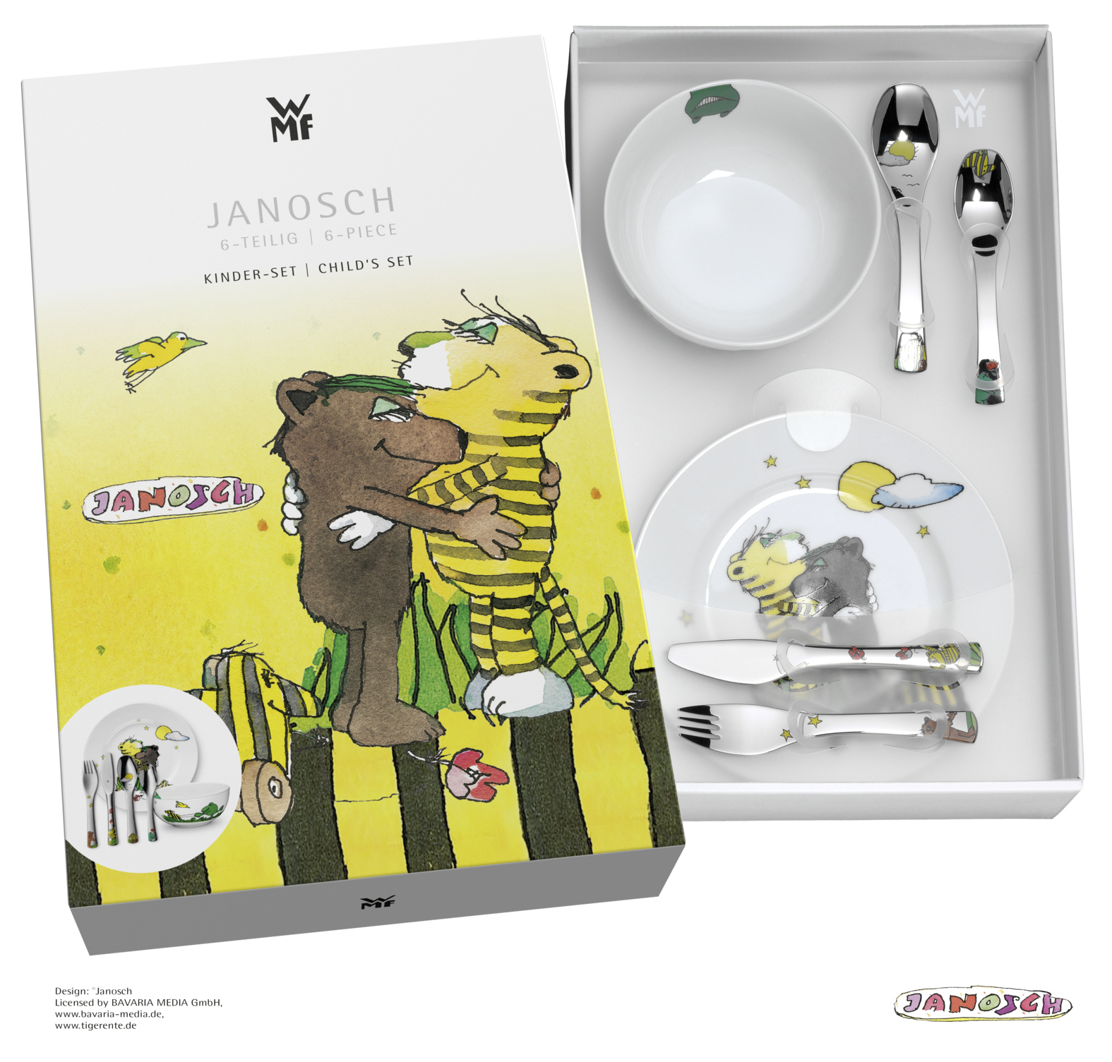 Ein Kindergeschirrset in einer Box. Es hat einen Teller, eine Schüssel, Löffel, Gabel und Messer. Das Set ist mit Cartoonfiguren verziert.