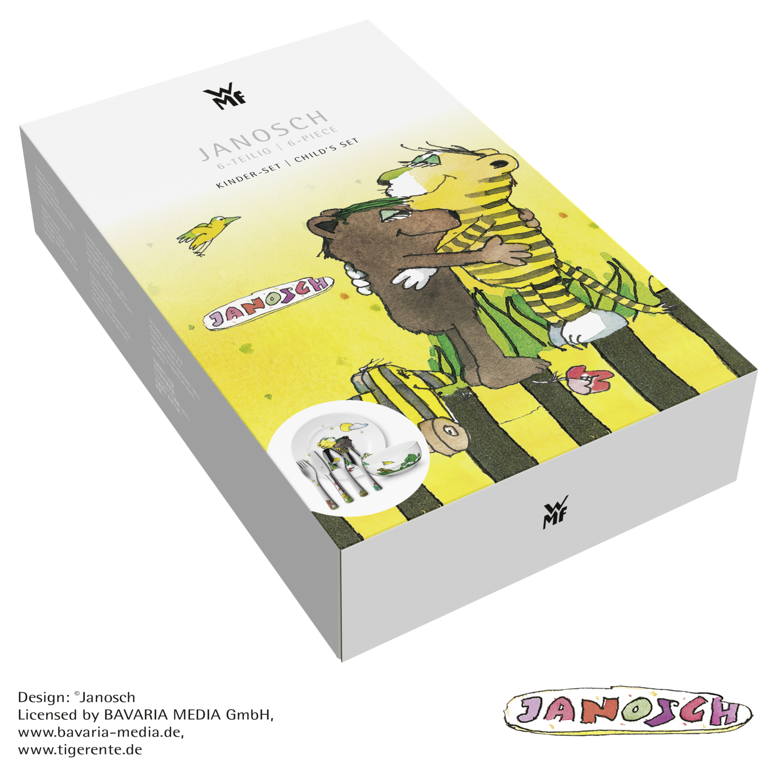 Eine weiße Schachtel mit einem Cartoon-Bild eines Bären, der einen Tiger umarmt. Es ist ein Kinderset.