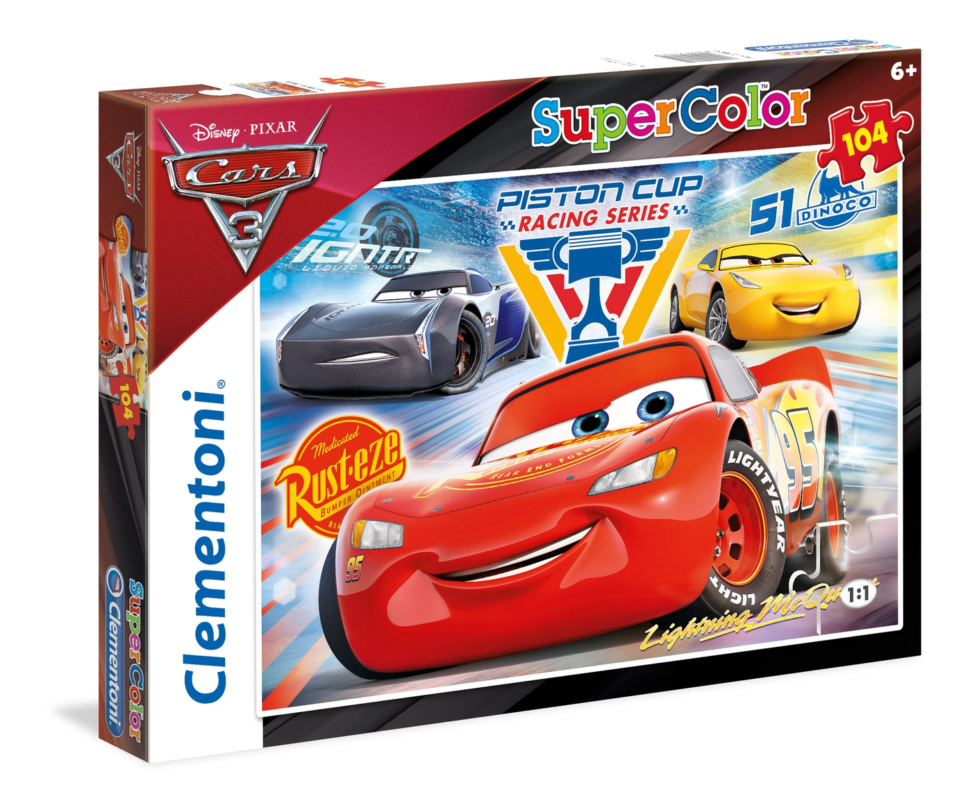 Pudełko z puzzlami Cars 3. Przedstawia Zygzaka McQueena i inne samochody. Pudełko ma logo Disney Pixar i logo Super Color.