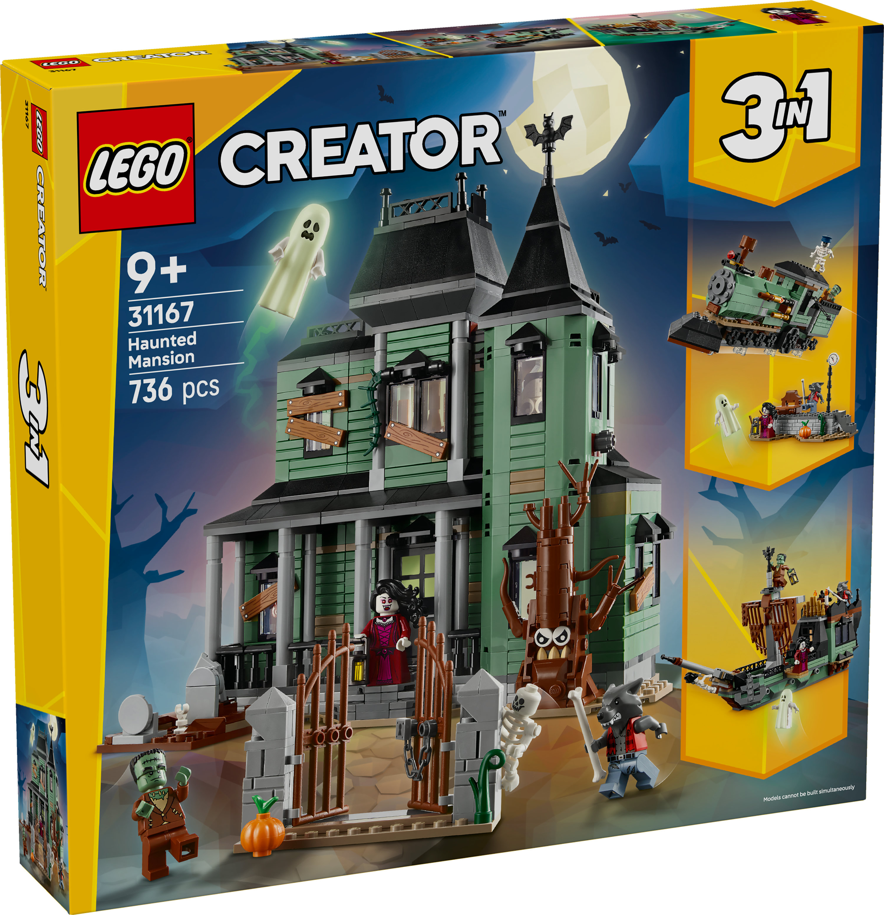 Pudełko Lego Creator. Zestaw Haunted Mansion z różnymi figurkami Lego i koncepcją designu 3 w 1. Straszny i zabawny motyw.