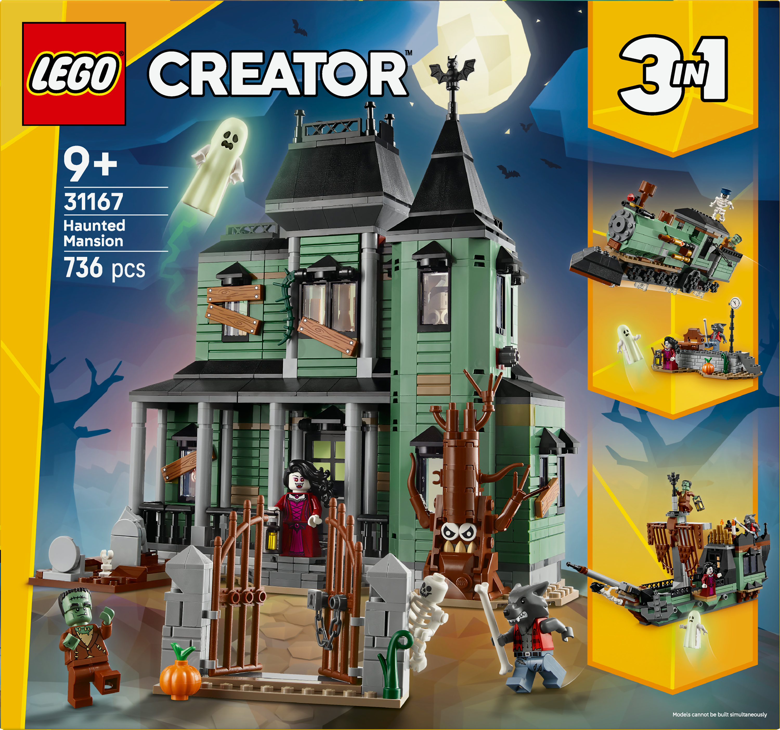 Zestaw Lego Creator 3 w 1 Haunted Mansion. Zawiera minifigurki, dynię, drzewo i nawiedzony, zielony dwór.
