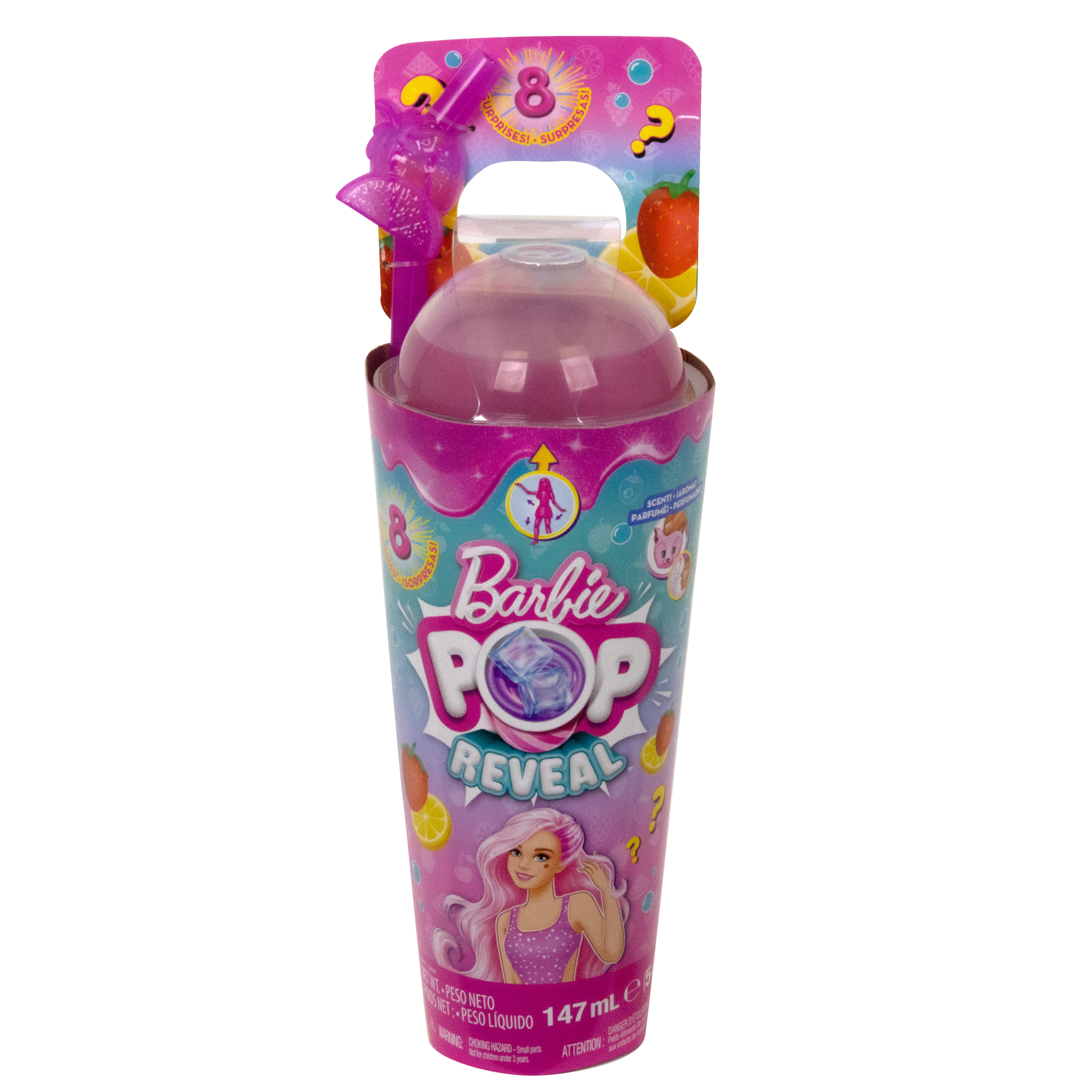 Ein Barbie Pop Reveal-Becher mit rosa Deckel. Er hat eine Erdbeere und Zitrone oben und ein Barbie-Bild auf der Vorderseite.