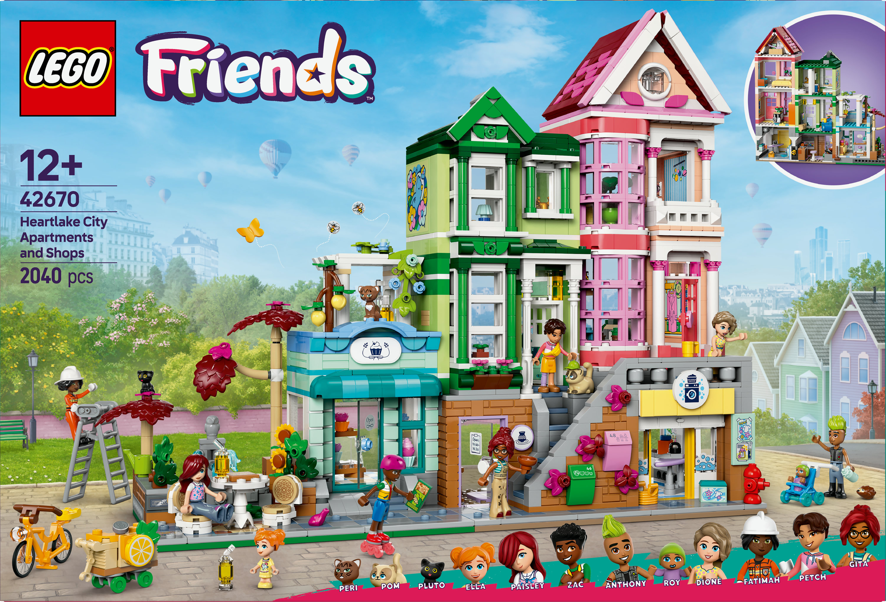Zestaw LEGO Friends z apartamentami i sklepami. Zawiera wiele budynków, minifigurki i akcesoria, z niebieskim tłem nieba.