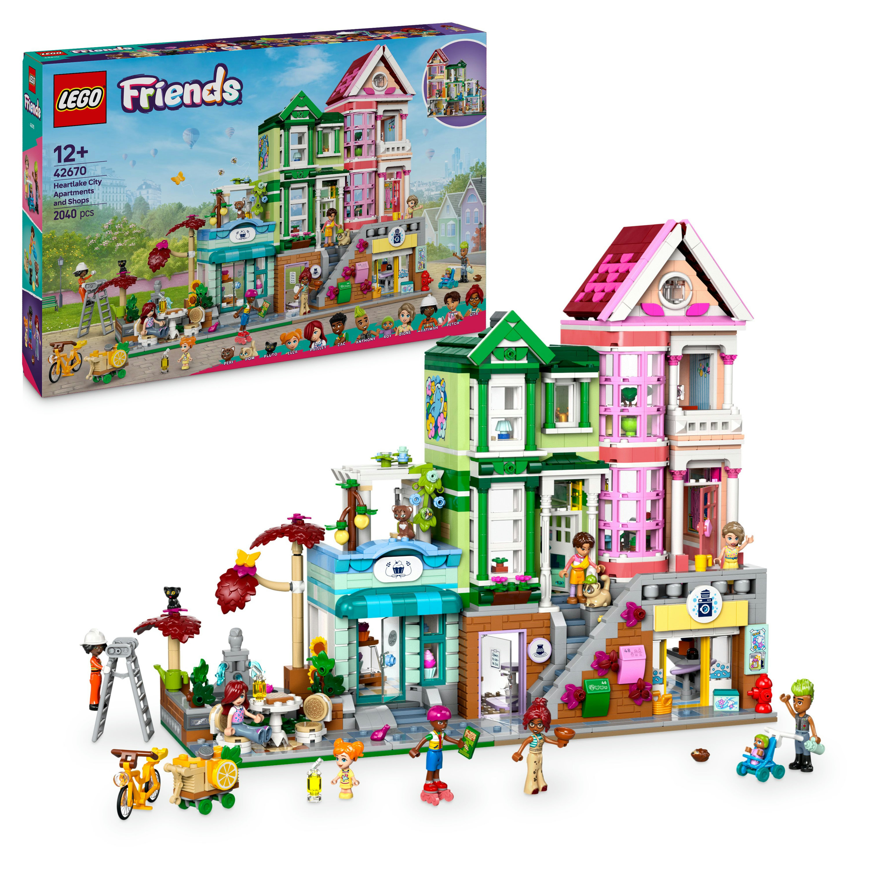 Zestaw LEGO Friends: Apartamenty i sklepy w Heartlake City. Zawiera budynki, minifigurki i akcesoria.