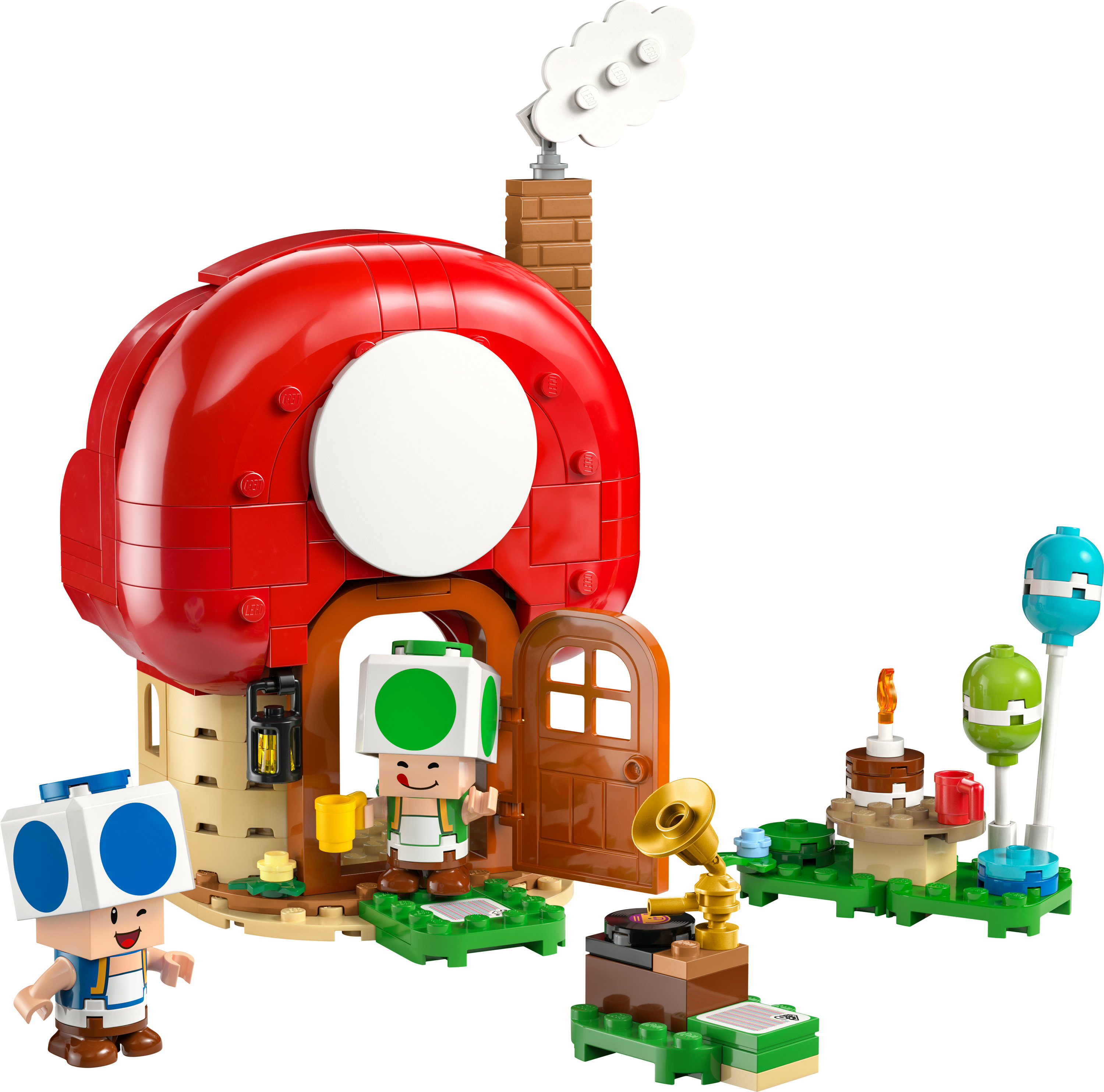 Lego-Set: Pilzhaus mit Figuren, Grammophon und Dekorationen. Zwei Figuren stehen in der Nähe. Ein Kuchen mit einer Kerze.