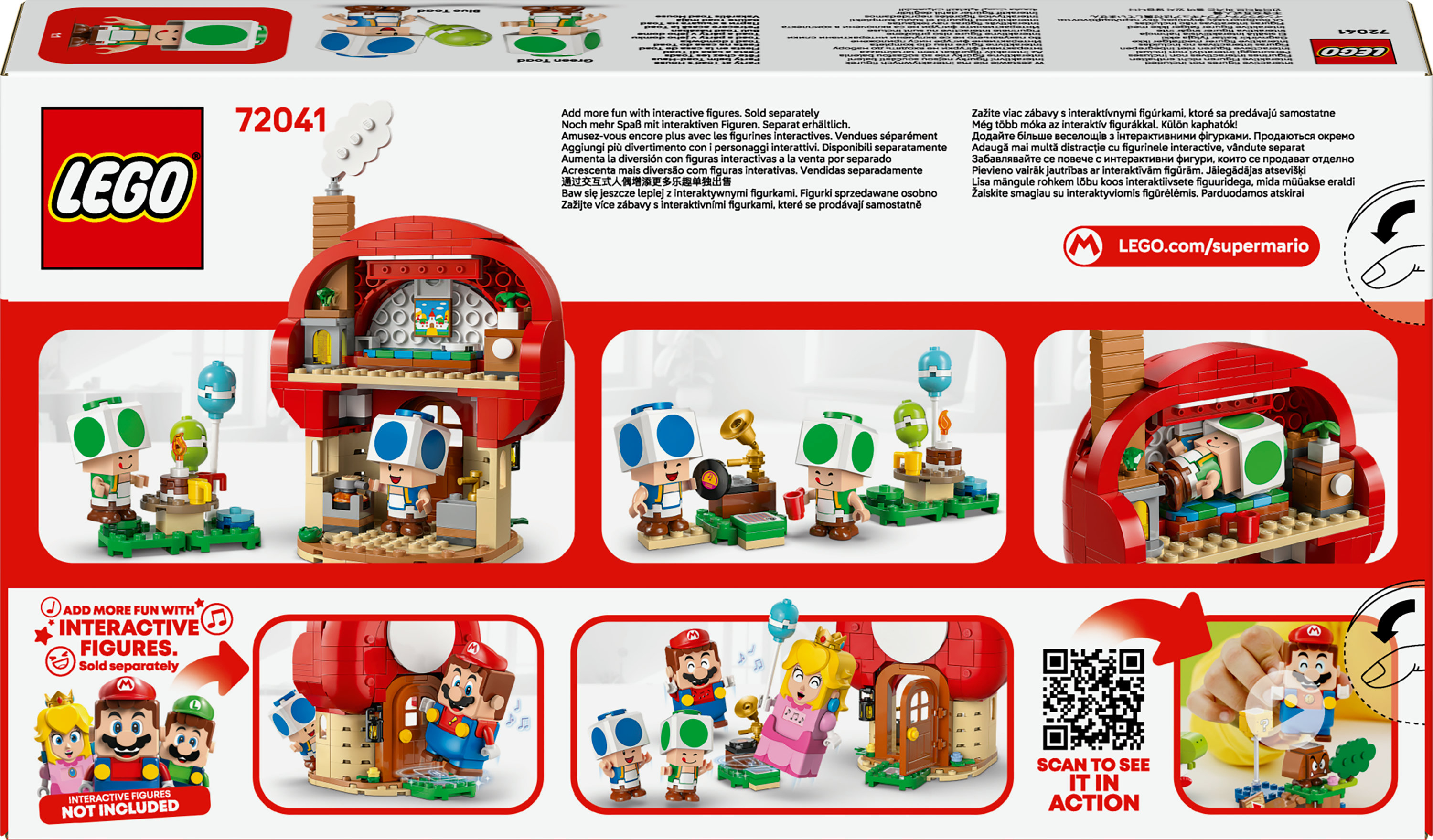 Lego-Set-Box. Rot und weiß. Zeigt Lego Mario und Toad Figuren. Enthält das Toad-Haus.