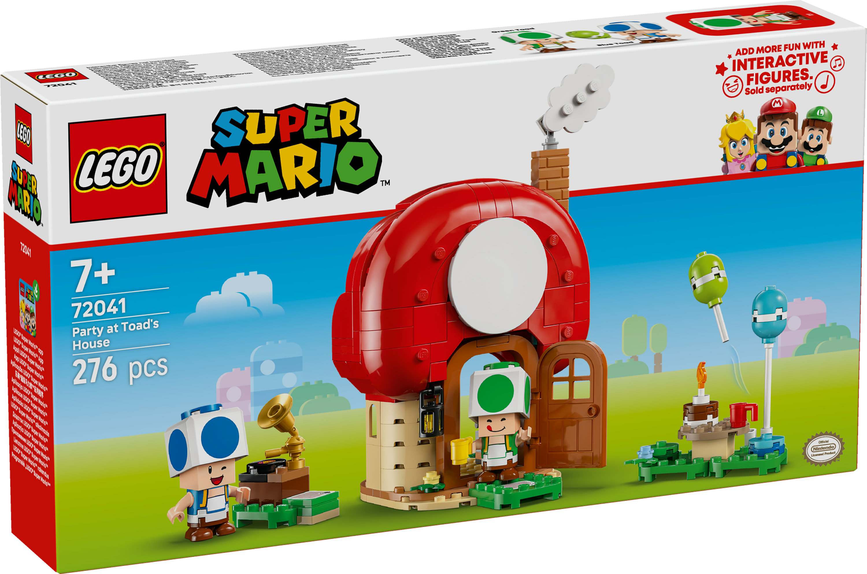 Lego Super Mario-Box. Toads Haus-Set. Rotes Pilzhaus, Toad-Figuren, Kuchen und Lollis.