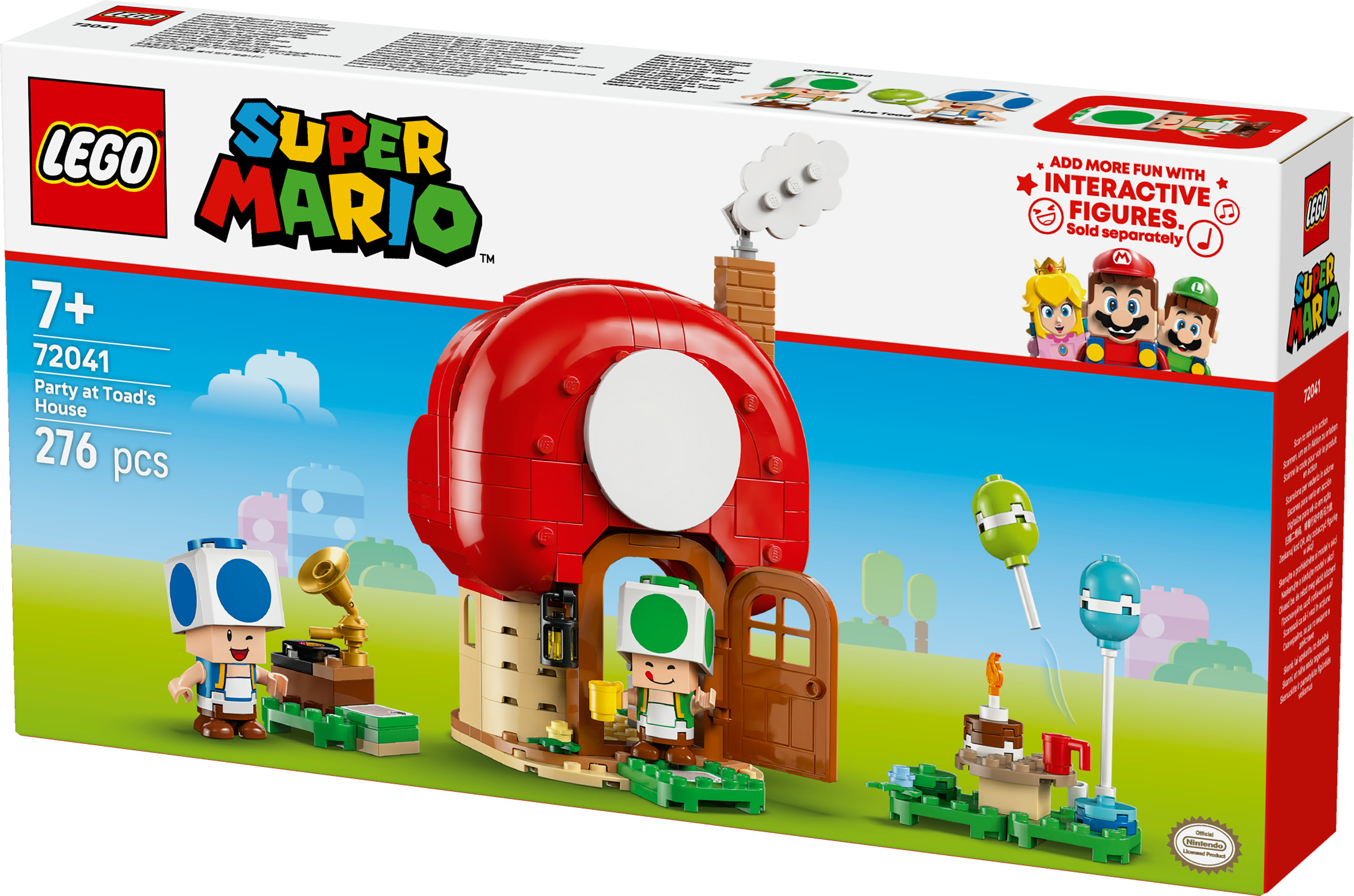 Lego Super Mario Set. Enthält Toads Haus, Figuren und Zubehör. Die Box zeigt Mario, Peach und Luigi.