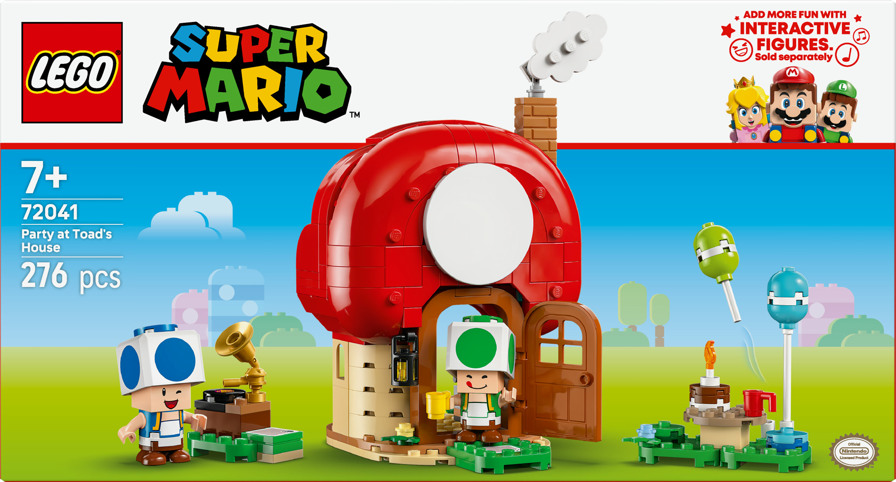 Ein Lego Super Mario Set: Toads Haus. Enthält Charaktere, ein rotes Pilzhaus und Zubehör.
