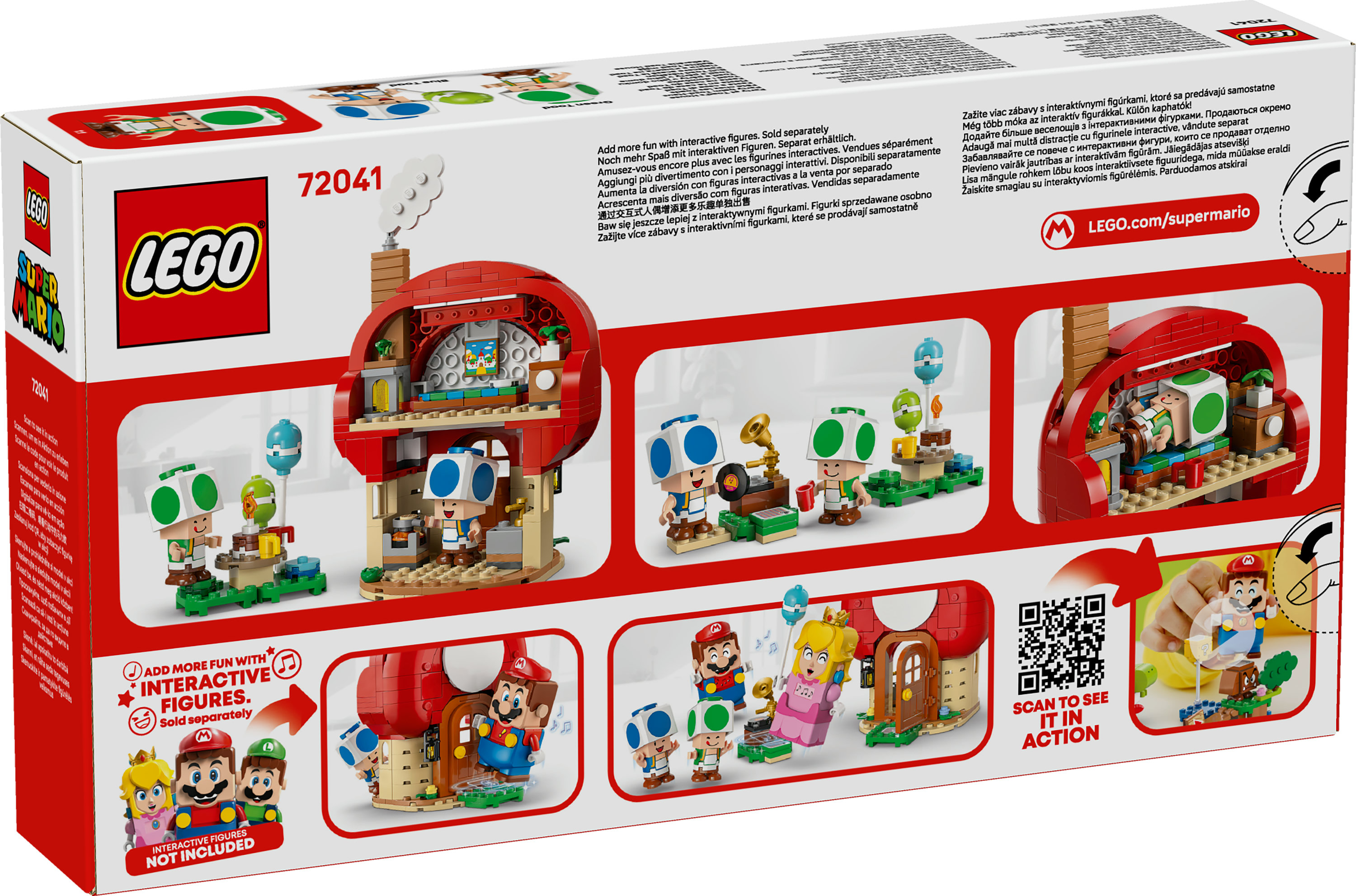 Lego-Box zeigt ein rotes Pilzhaus mit Mario-Charakteren und Figuren.