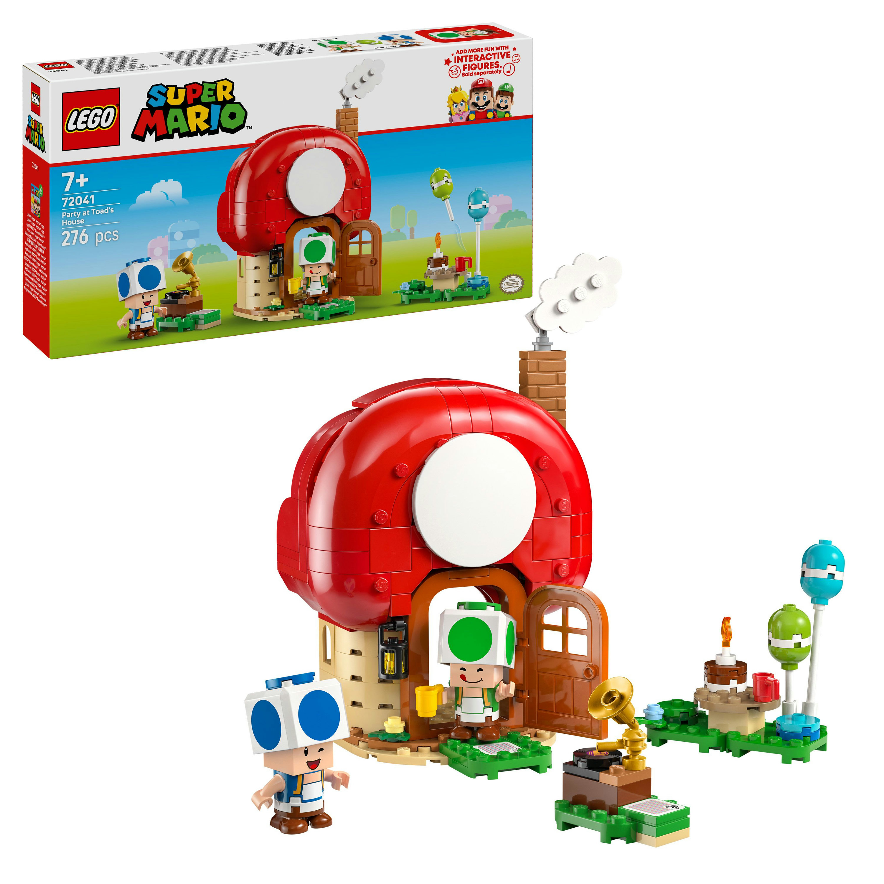 Lego Super Mario Set. Rotes Pilzhaus mit Figuren und Zubehör. Karton im Hintergrund.