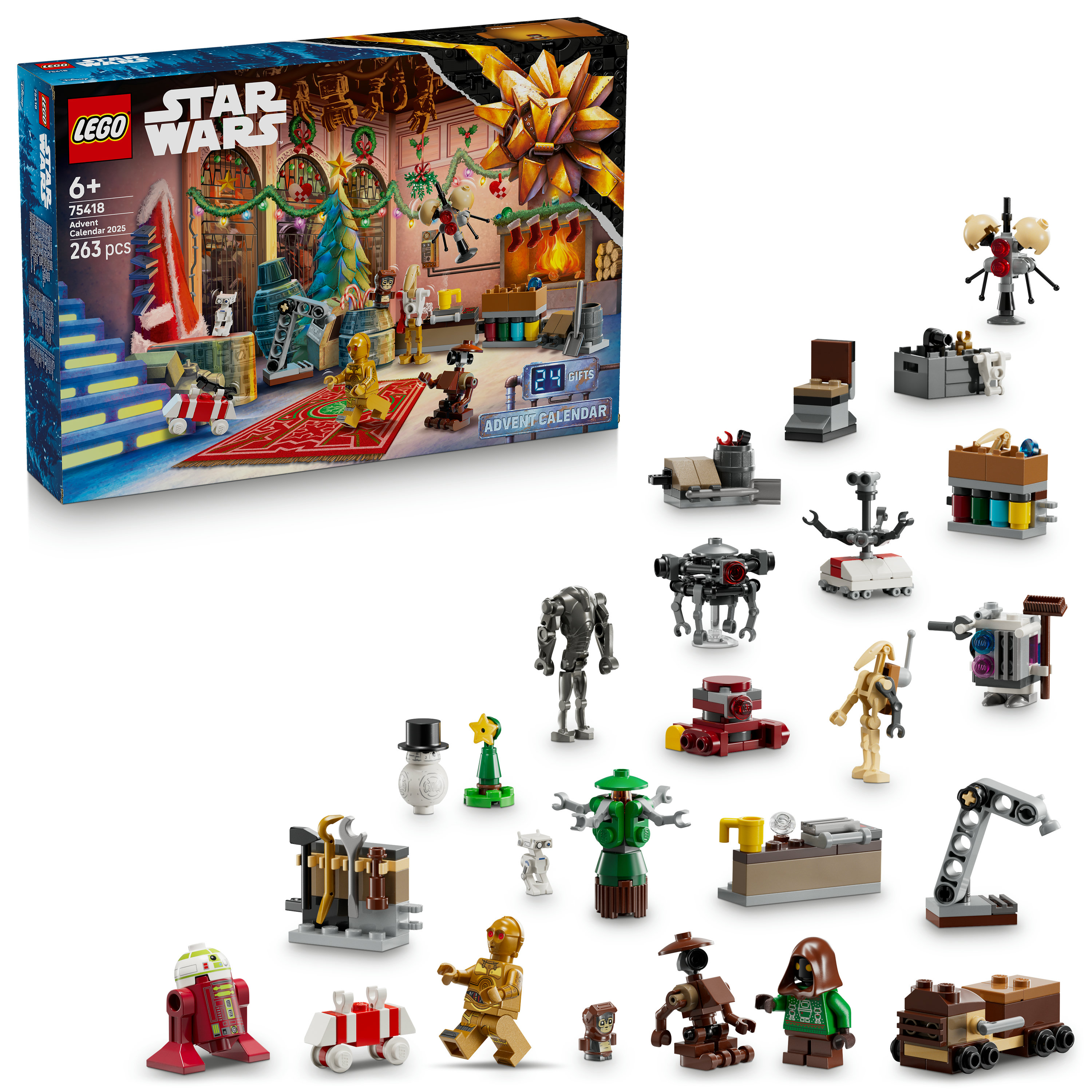 Pudełko kalendarza adwentowego Lego Star Wars z figurkami. Zawiera Świętego Mikołaja, C-3PO, różne droidy i prezenty.