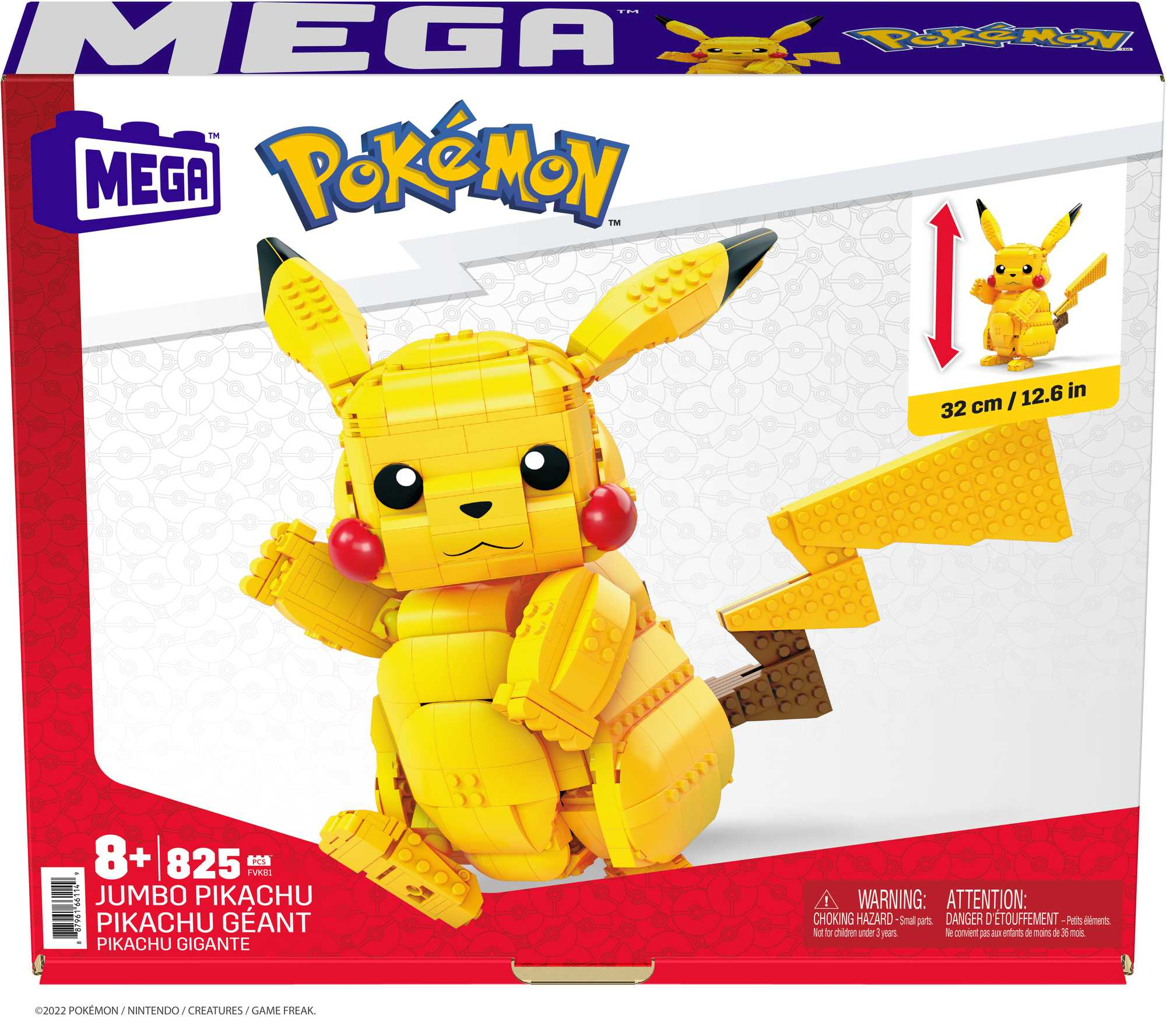 Arte de caja de un Mega Construx Jumbo Pikachu. El Pikachu amarillo está construido con bloques.