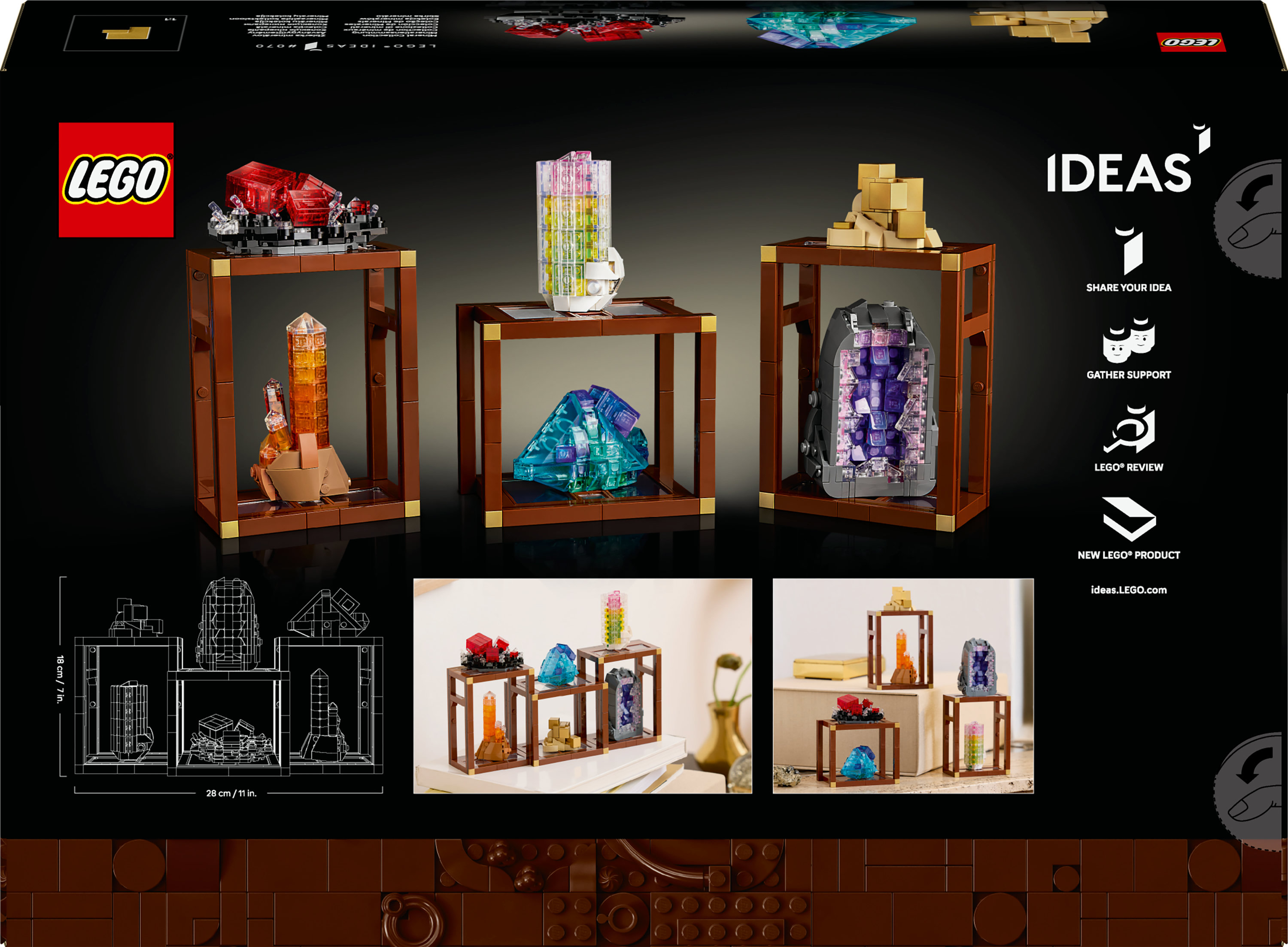 Obraz przedstawia zestaw LEGO z trzema stojakami wystawowymi. Każdy stojak ma minerał Lego. Tło jest czarne.