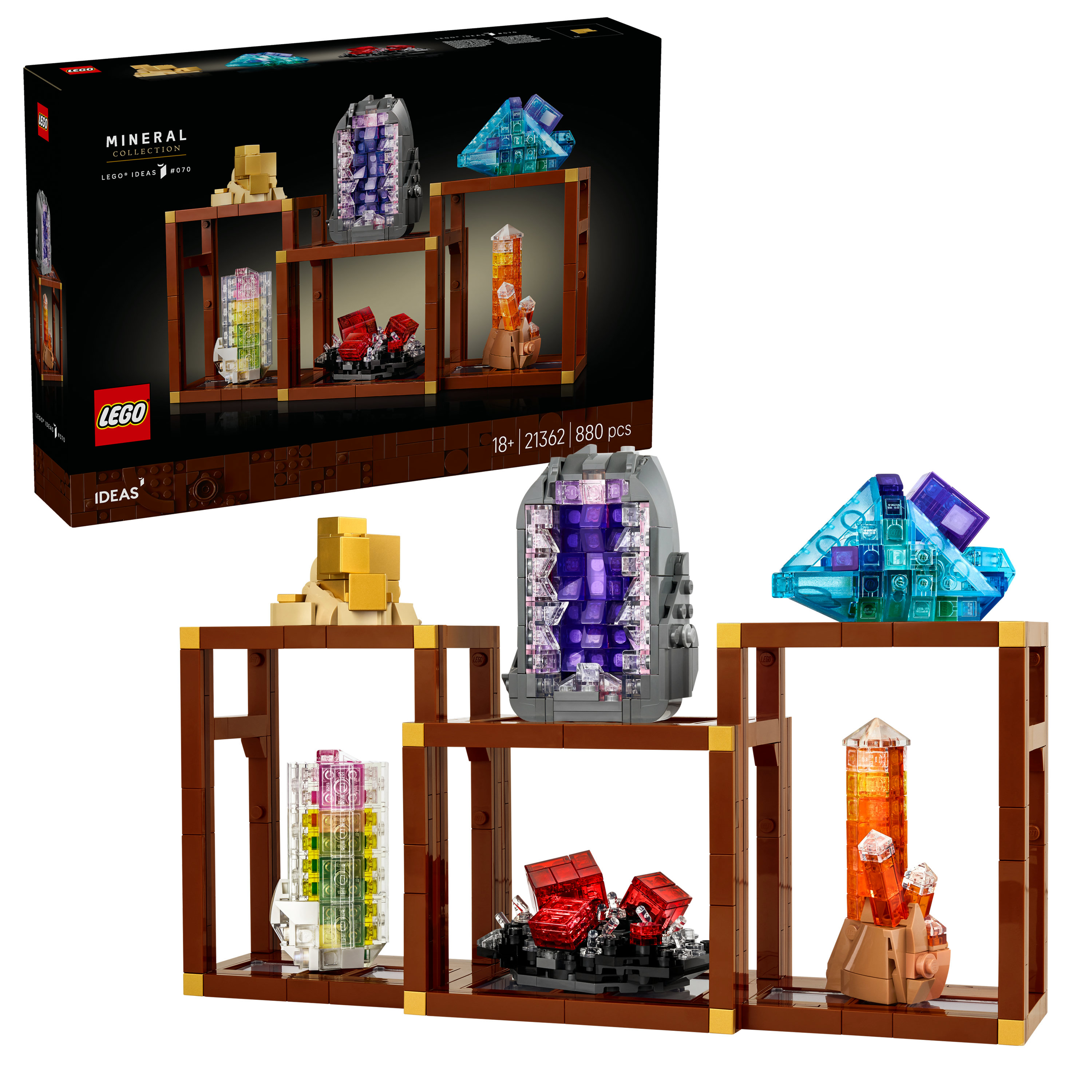 Zestaw LEGO Mineral Collection z modelami kryształów na brązowych półkach. Pudełko pokazuje zestaw.