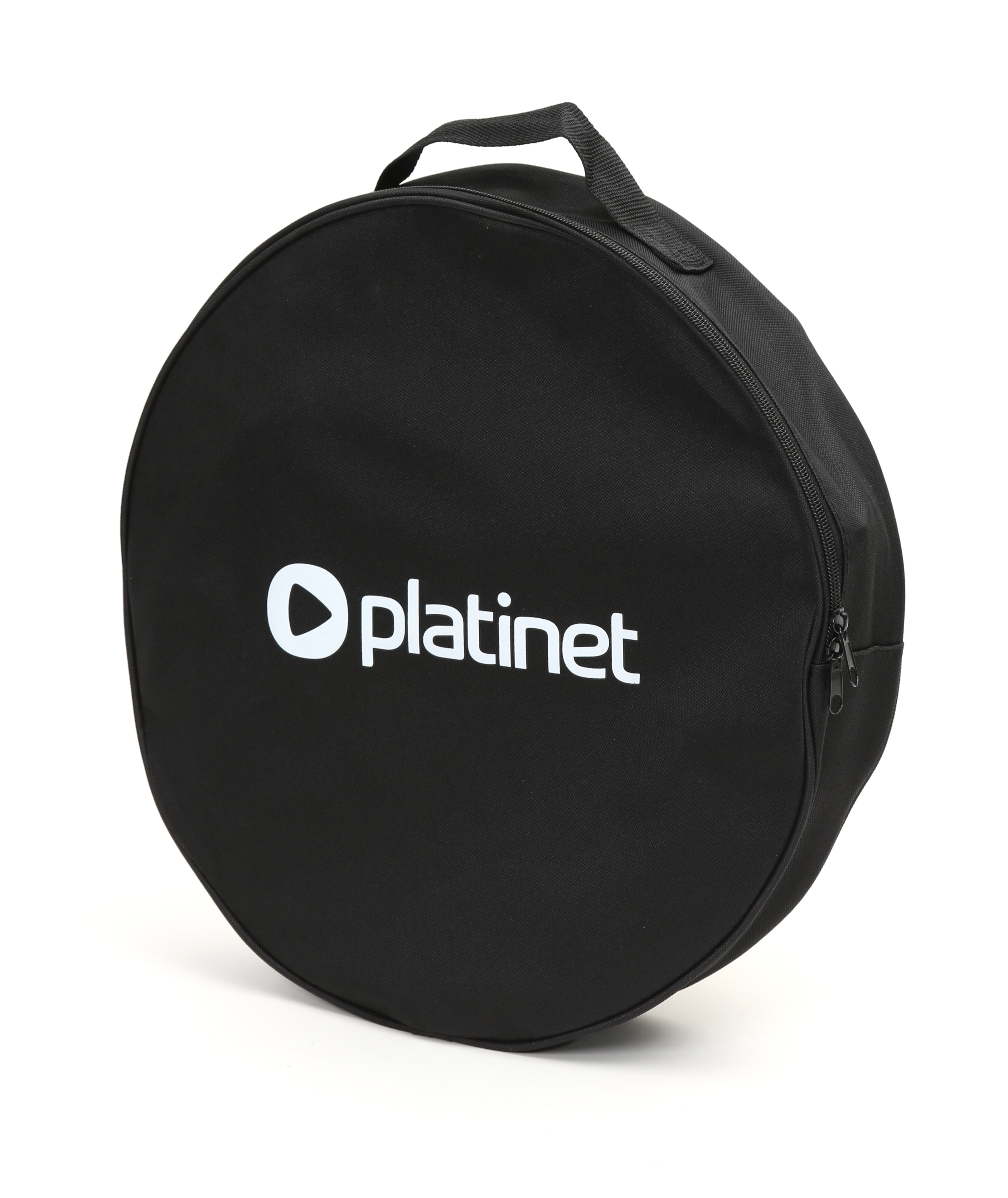 Una borsa rotonda nera con manico e cerniera. C'è la scritta bianca 'platinet'.