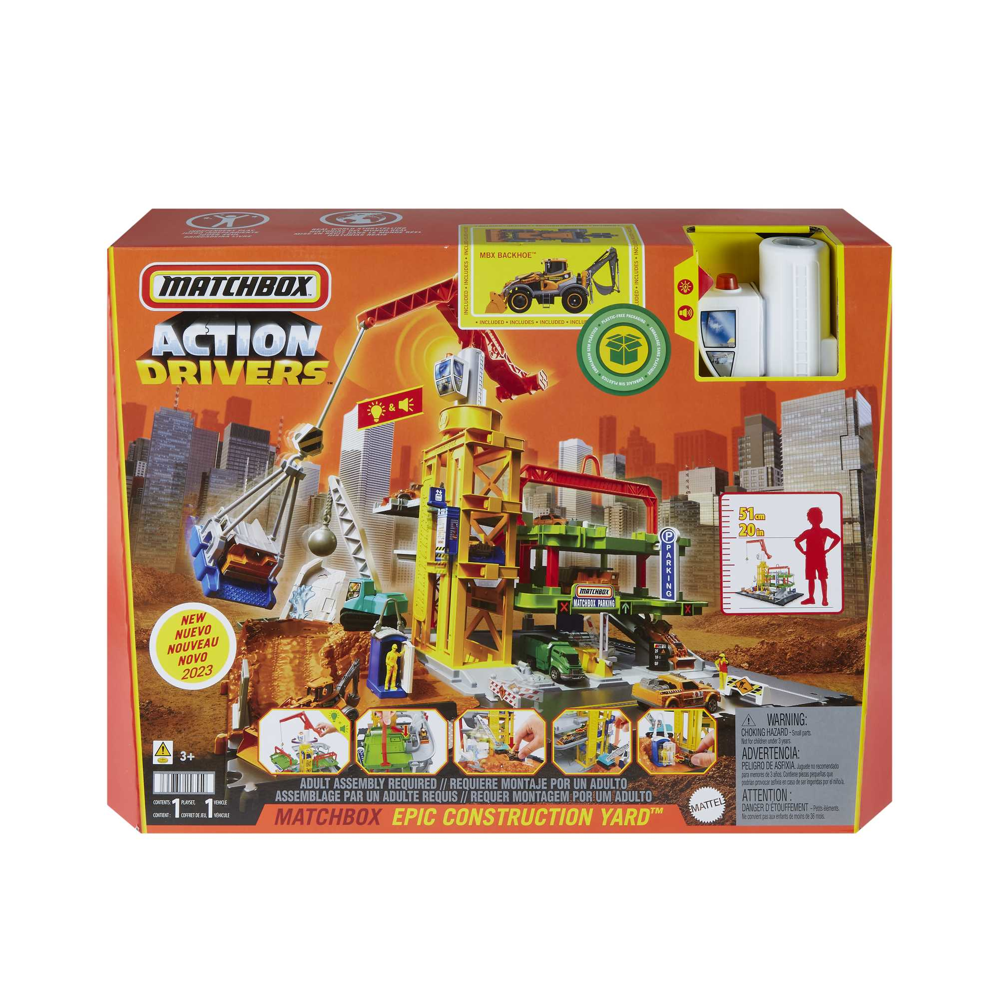 Caja del juego Matchbox Action Drivers. Presenta un patio de construcción con grúa, vehículos y un telón de fondo de la ciudad.
