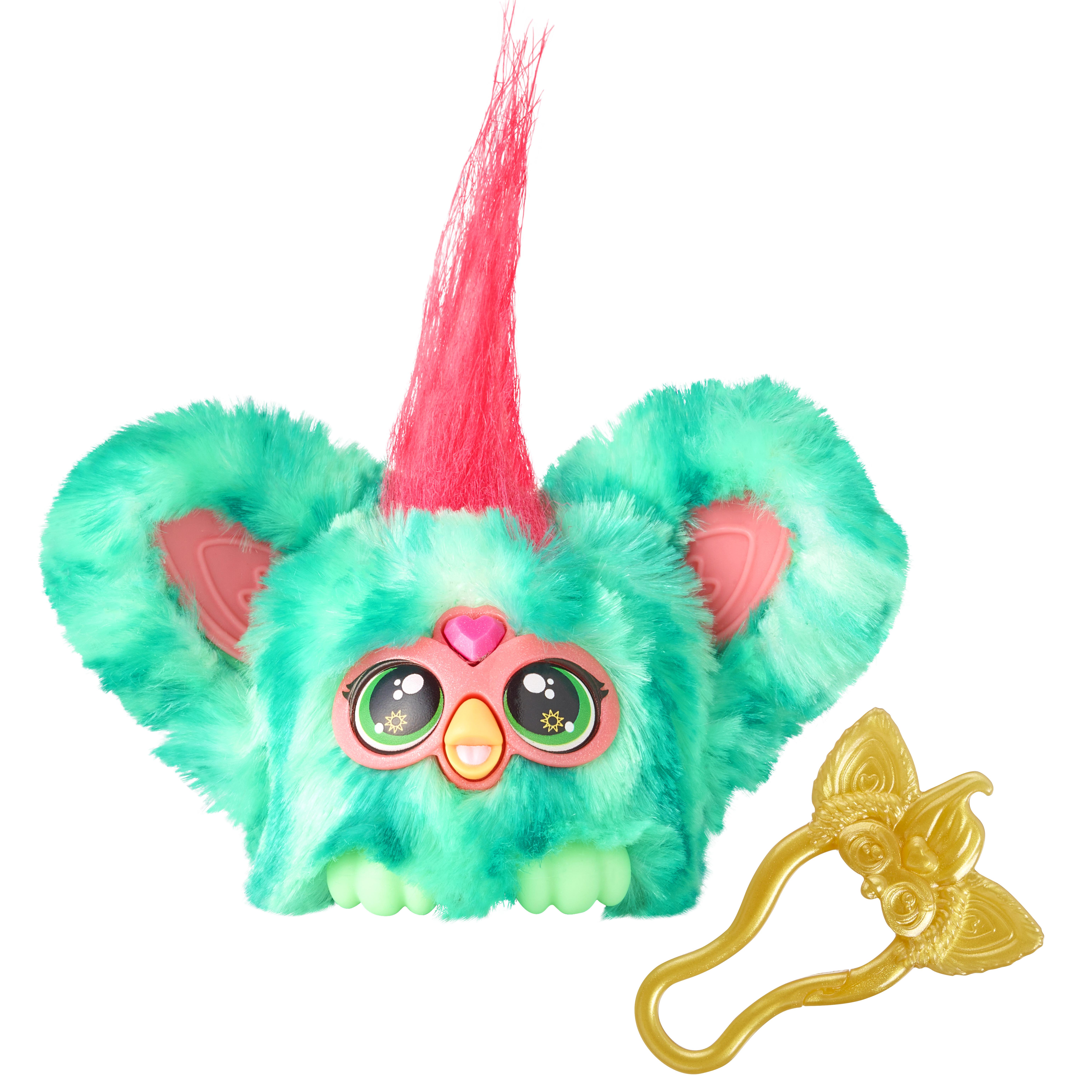 Un juguete Furby turquesa con cuerno y orejas rosas y un accesorio dorado para el pelo.
