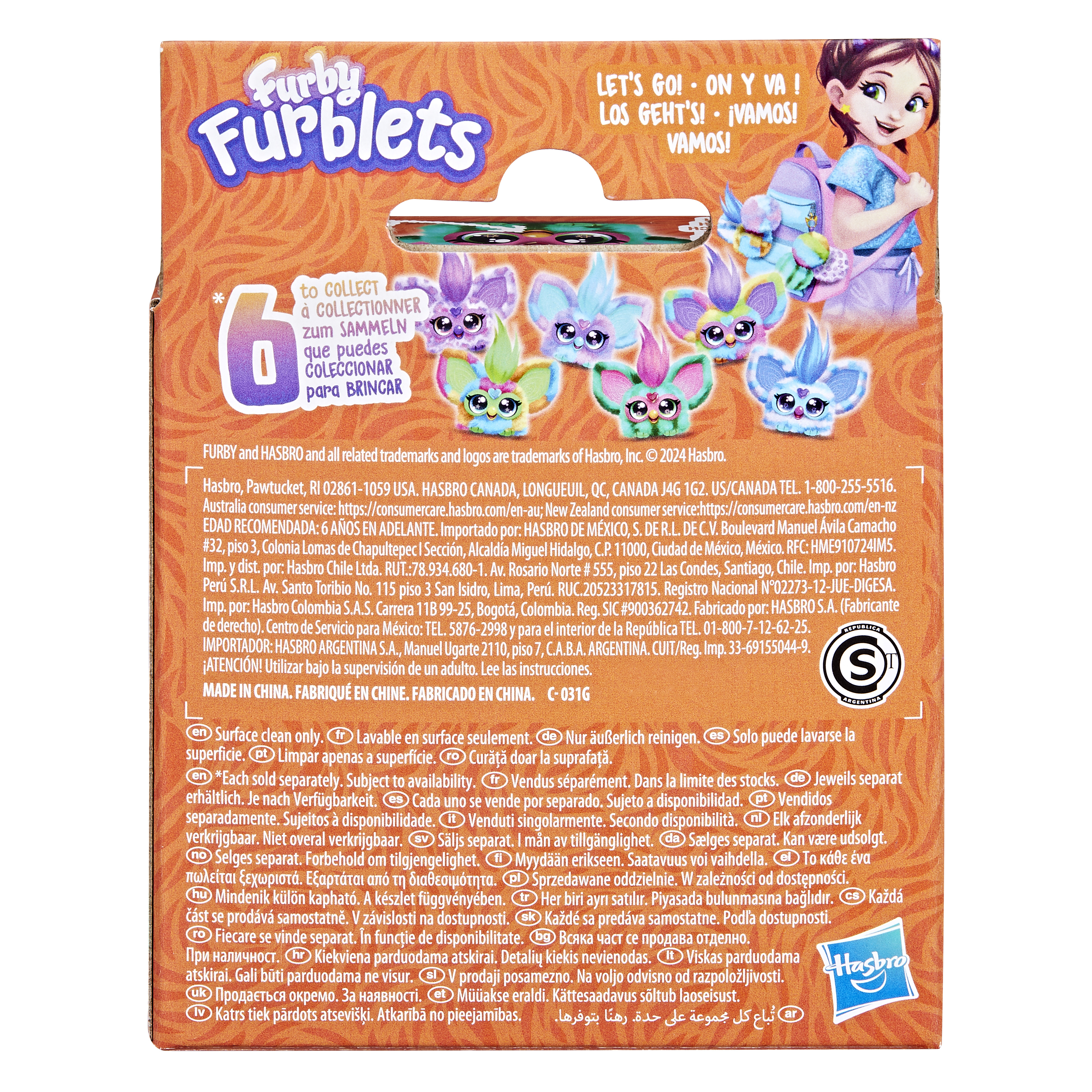 Un paquete de Furby Furblets con criaturas de juguete coloridas, texto e ilustración de niña.